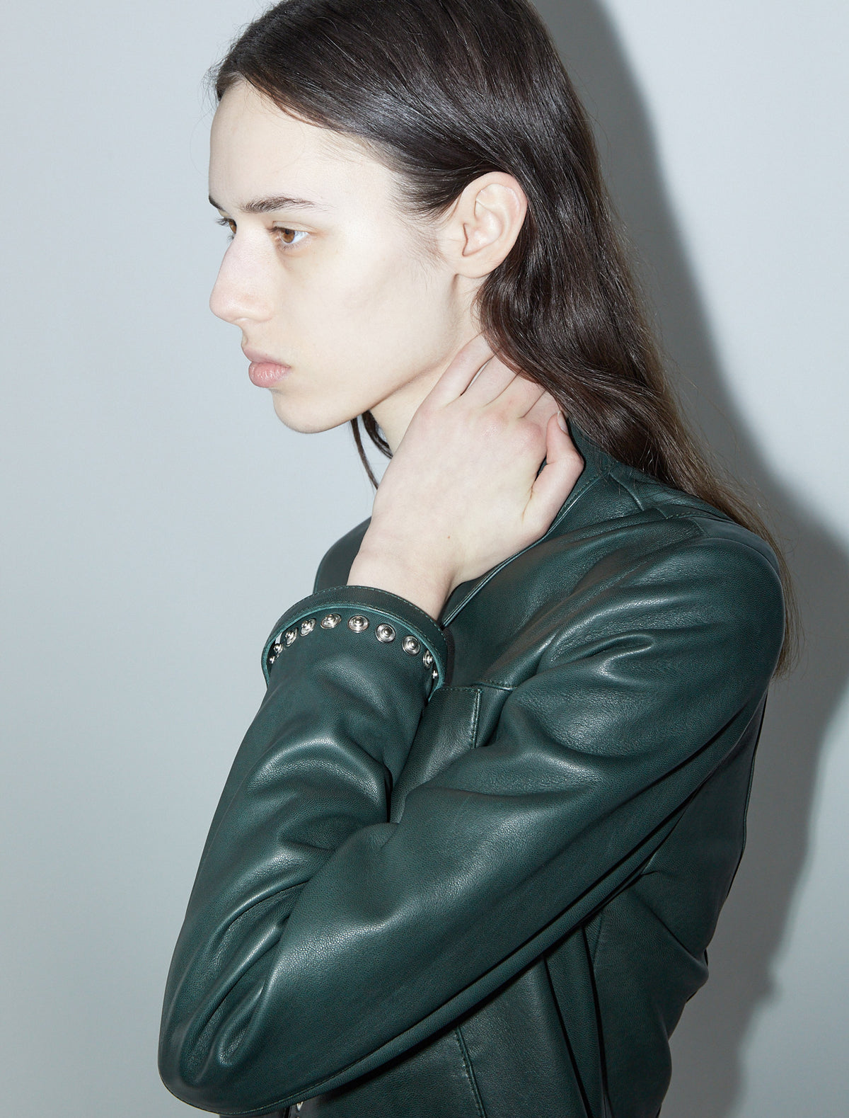 Octavia fitted leather jacket snap detailing hem cuffs