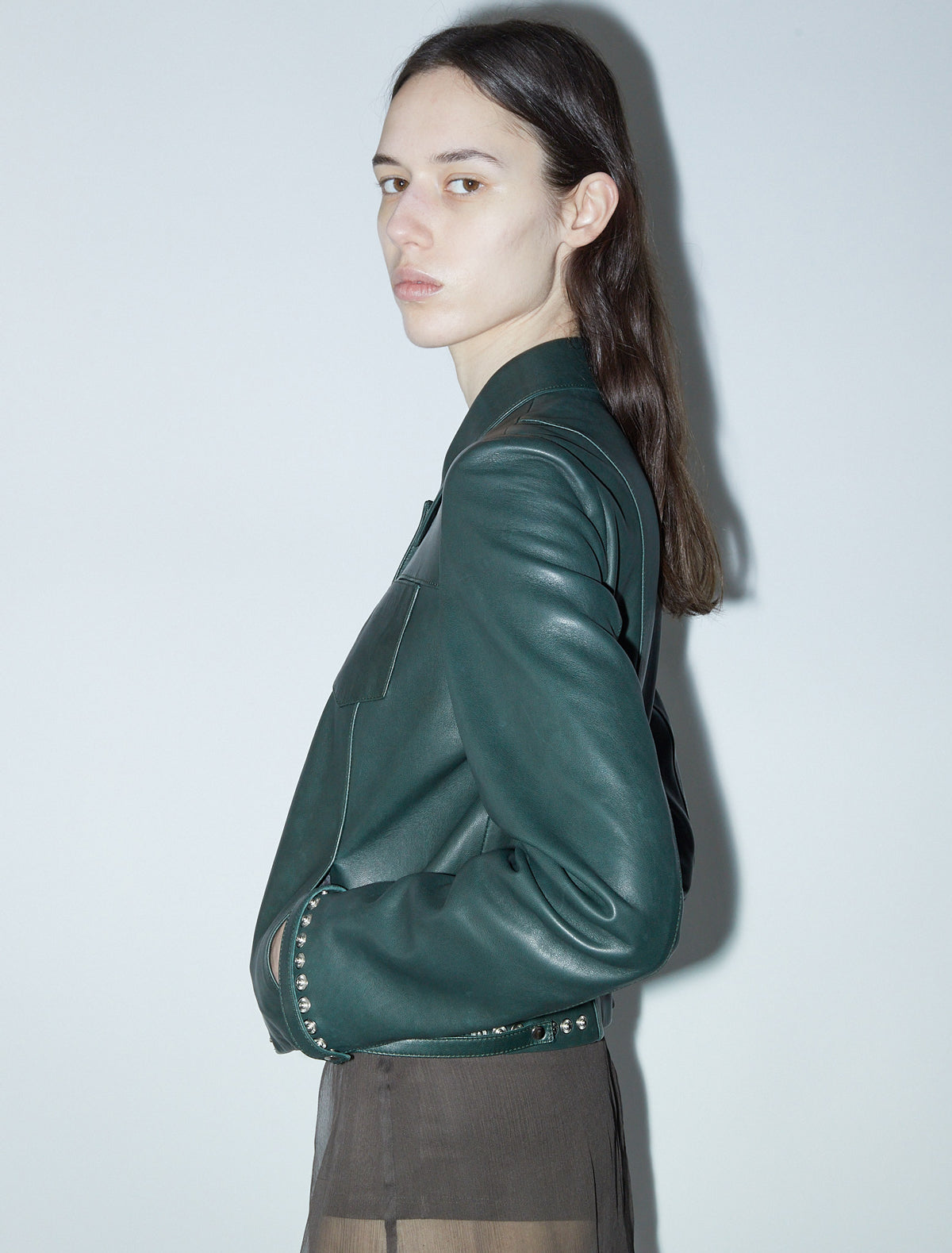 Octavia fitted leather jacket snap detailing hem cuffs