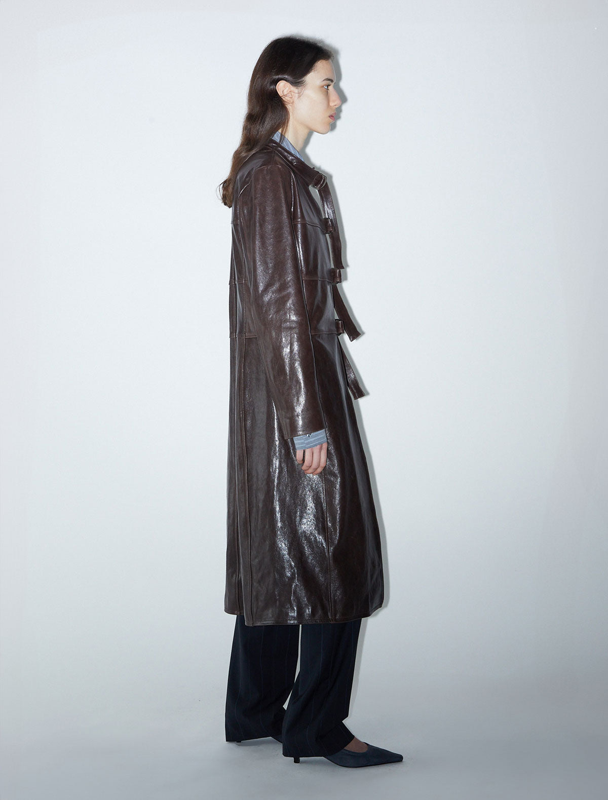 Niquel long leather jacket mao collar strips