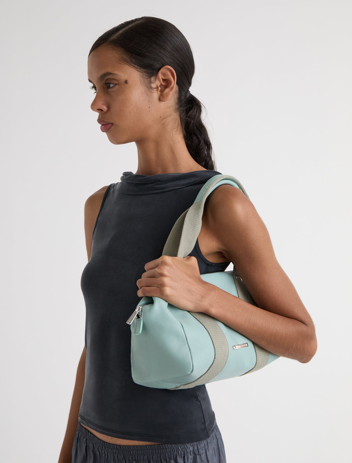 Small eira bag leather shoulder bag contrasting woven handles blue