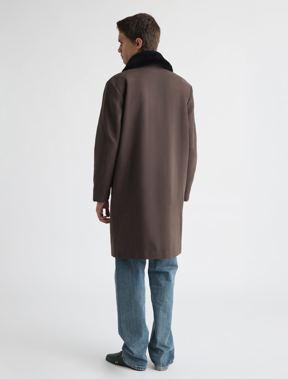Lida twill coat removable lamb fur trim collar brown