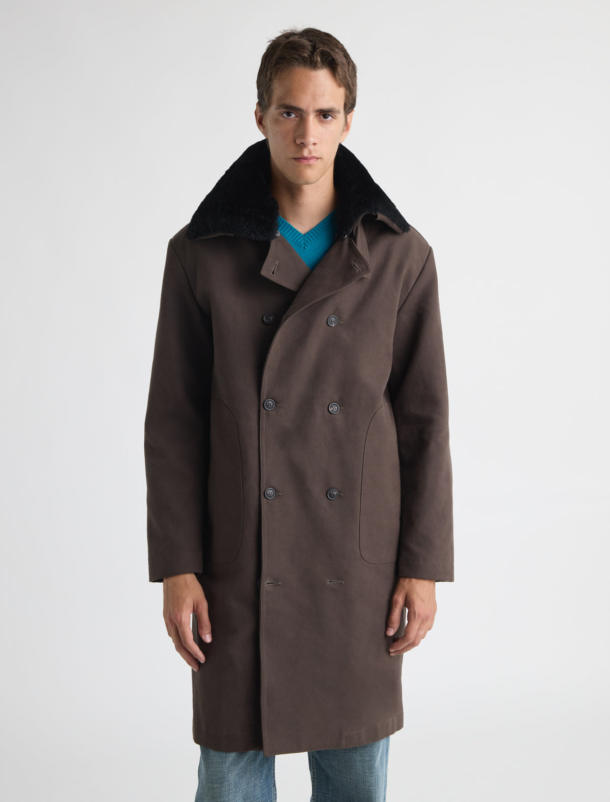 Lida twill coat removable lamb fur trim collar brown