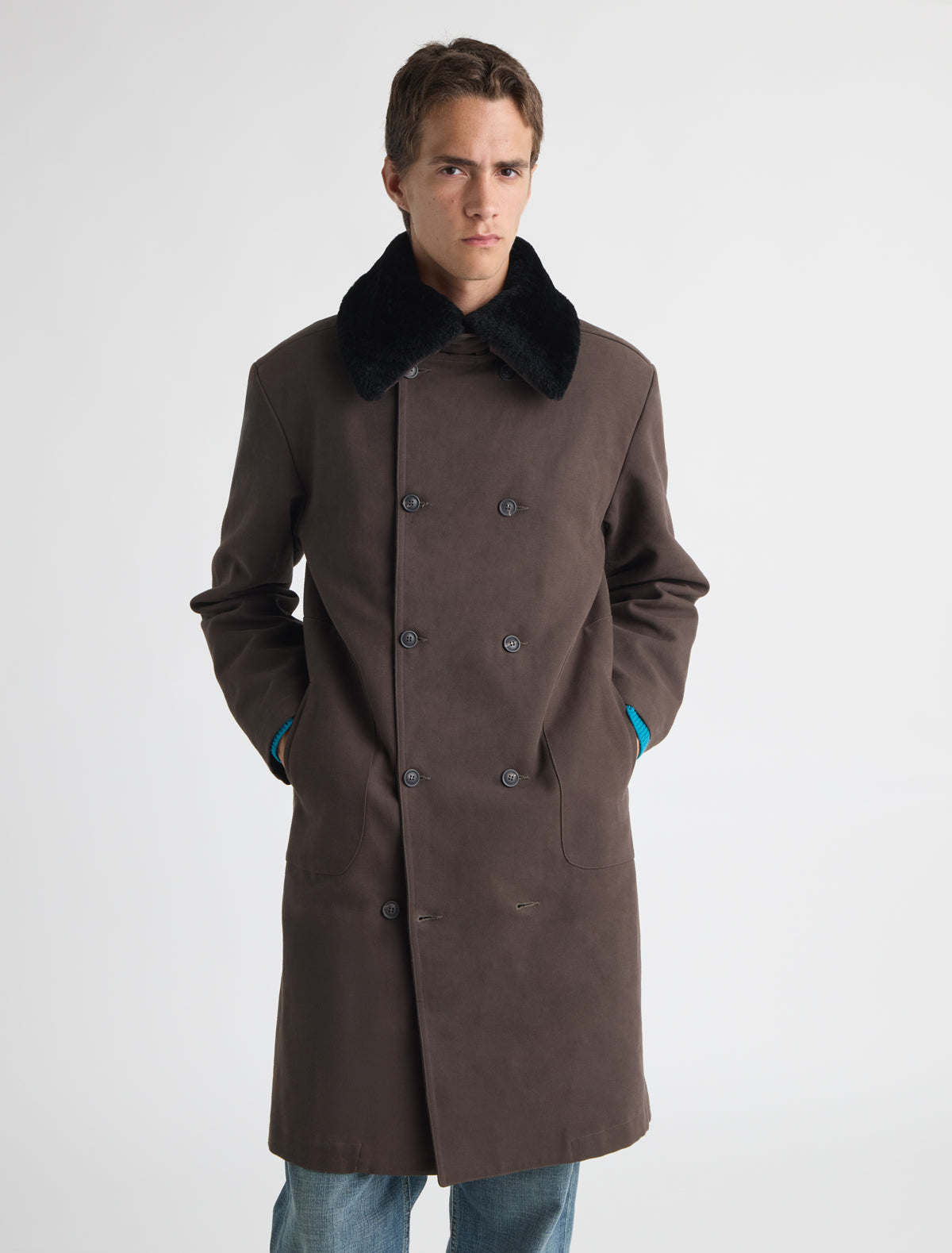 Lida twill coat removable lamb fur trim collar brown