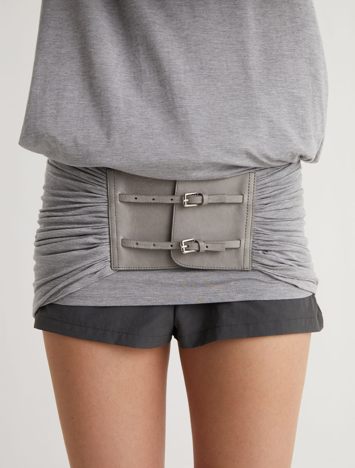 Adriana ii sash style belt gathered fabric panel leather part grey
