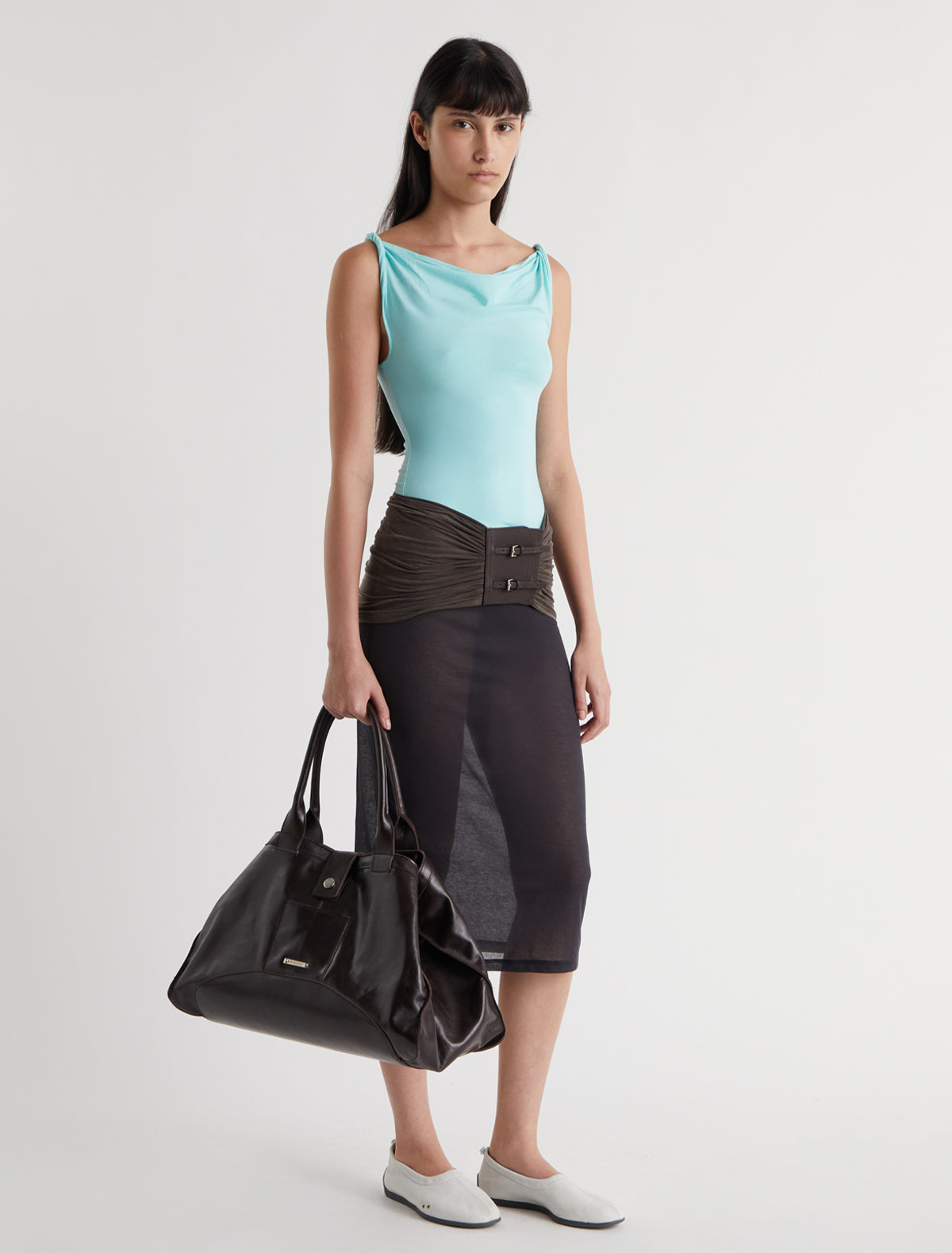 Simp sleeveless top twisted shoulder details lightblue