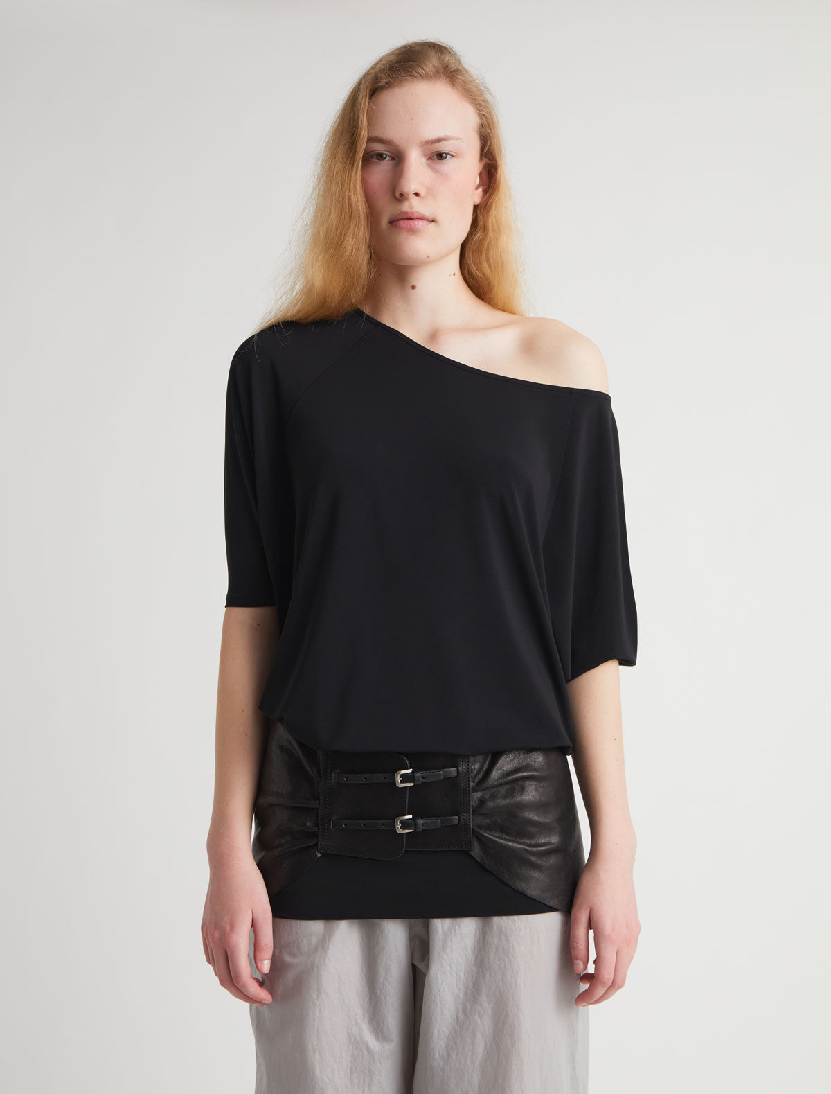 Adriana gathered leather sash double metal buckle closure black