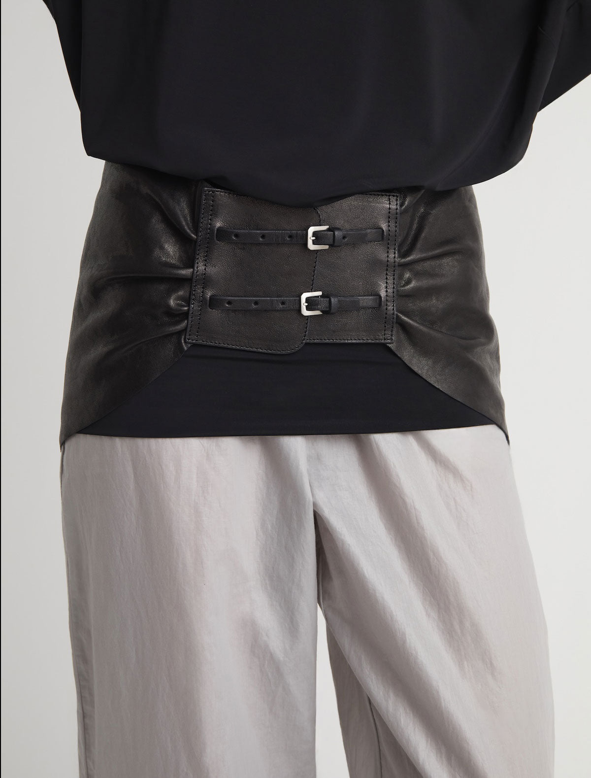 Adriana gathered leather sash double metal buckle closure black