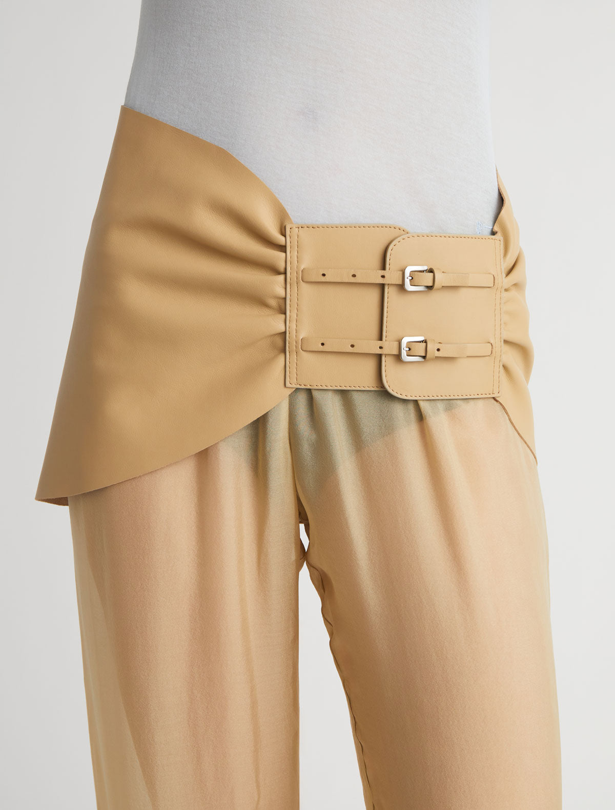 Adriana gathered leather sash double metal buckle closure ocher