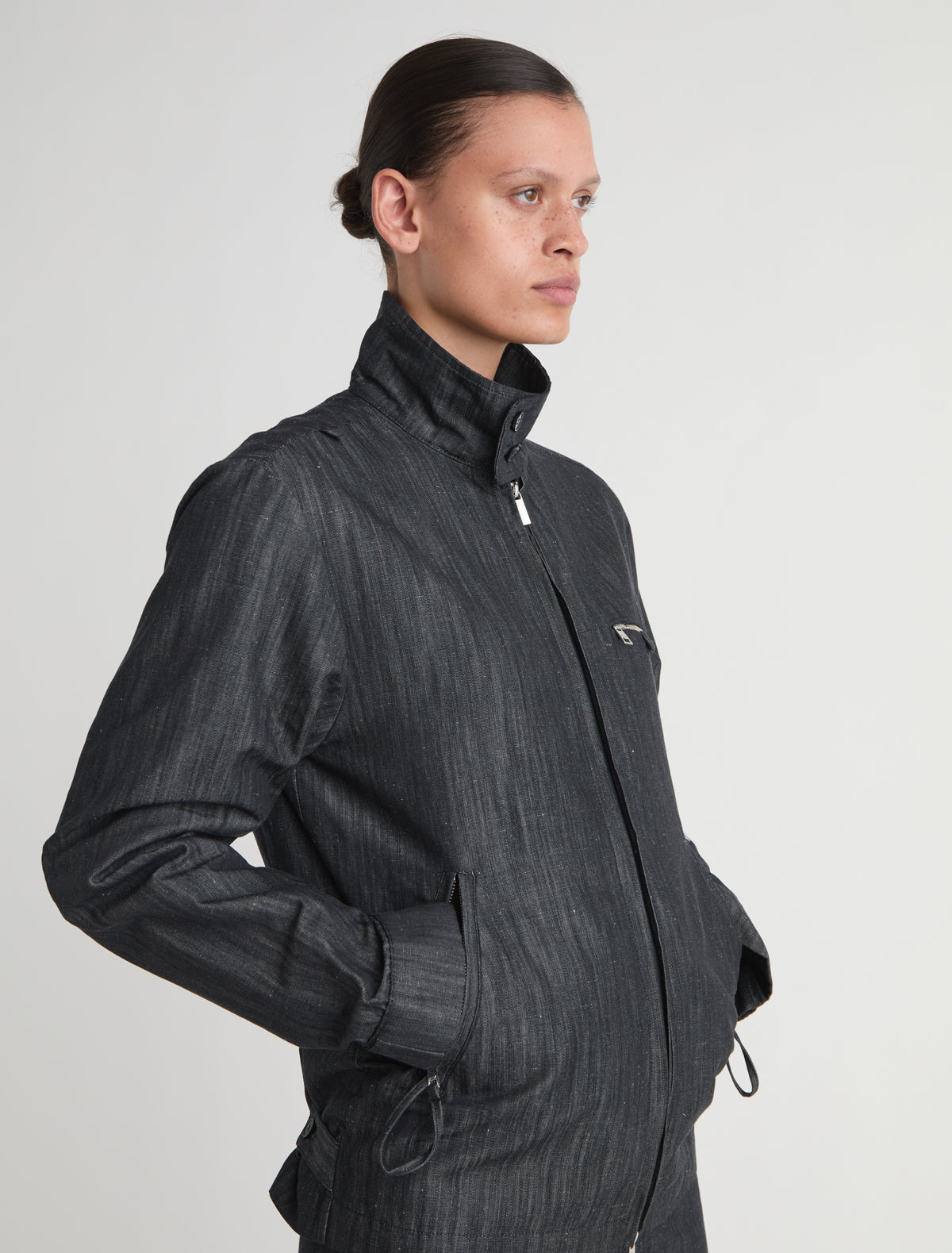 Albane denim jacket zip snap button closure 1