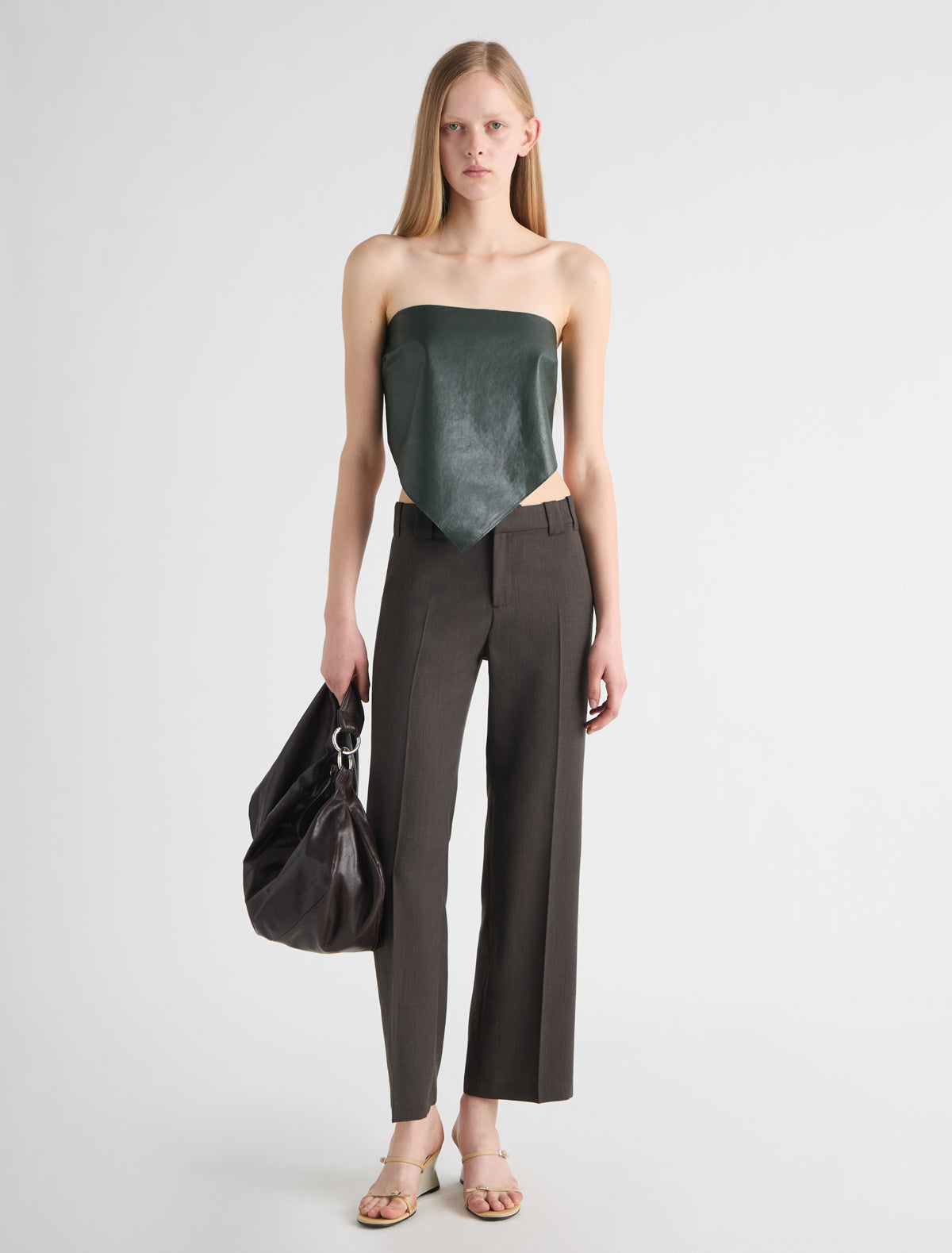 Alba top triangle shaped leather top scarf like silhouette metal buckle closure green