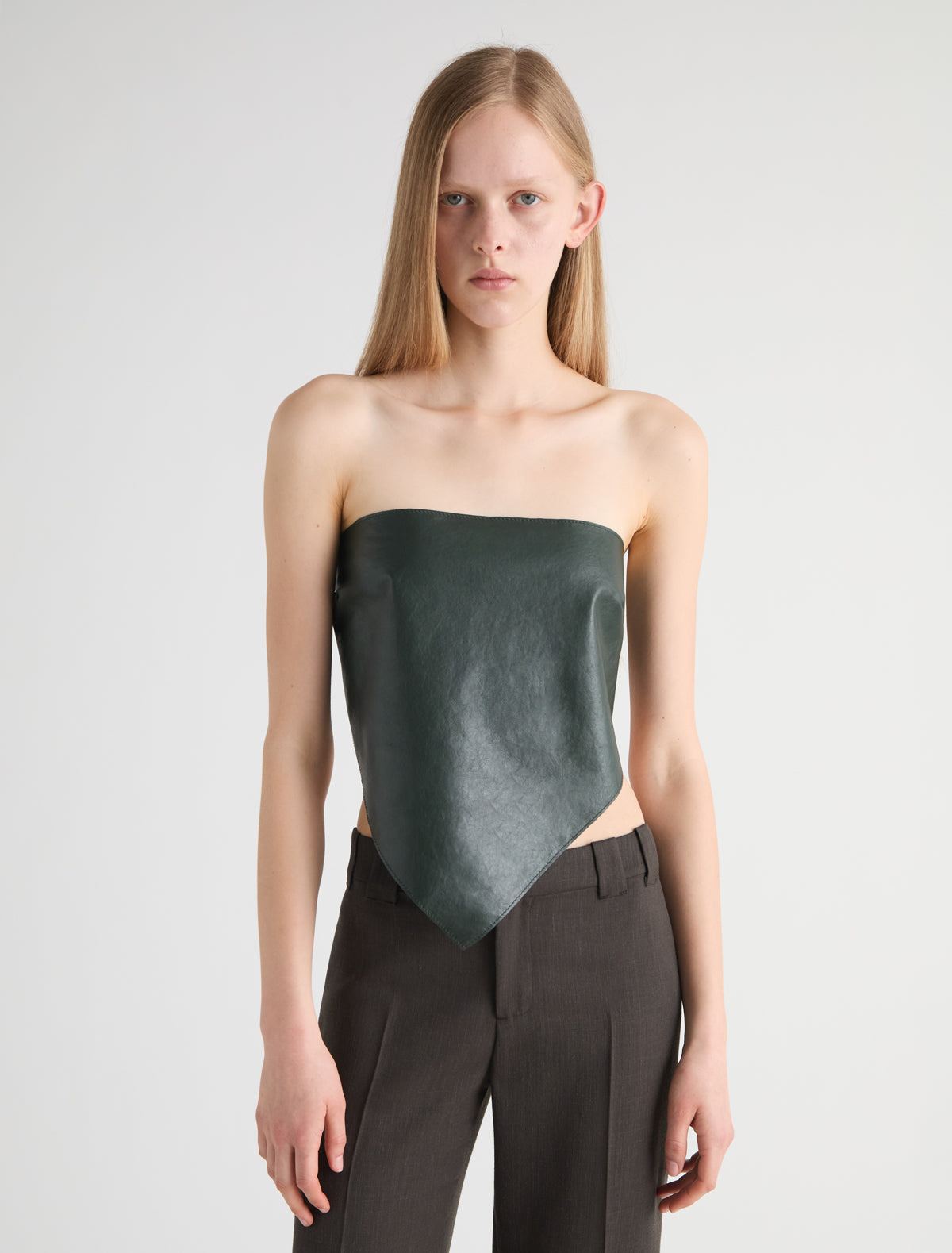 Alba top triangle shaped leather top scarf like silhouette metal buckle closure green