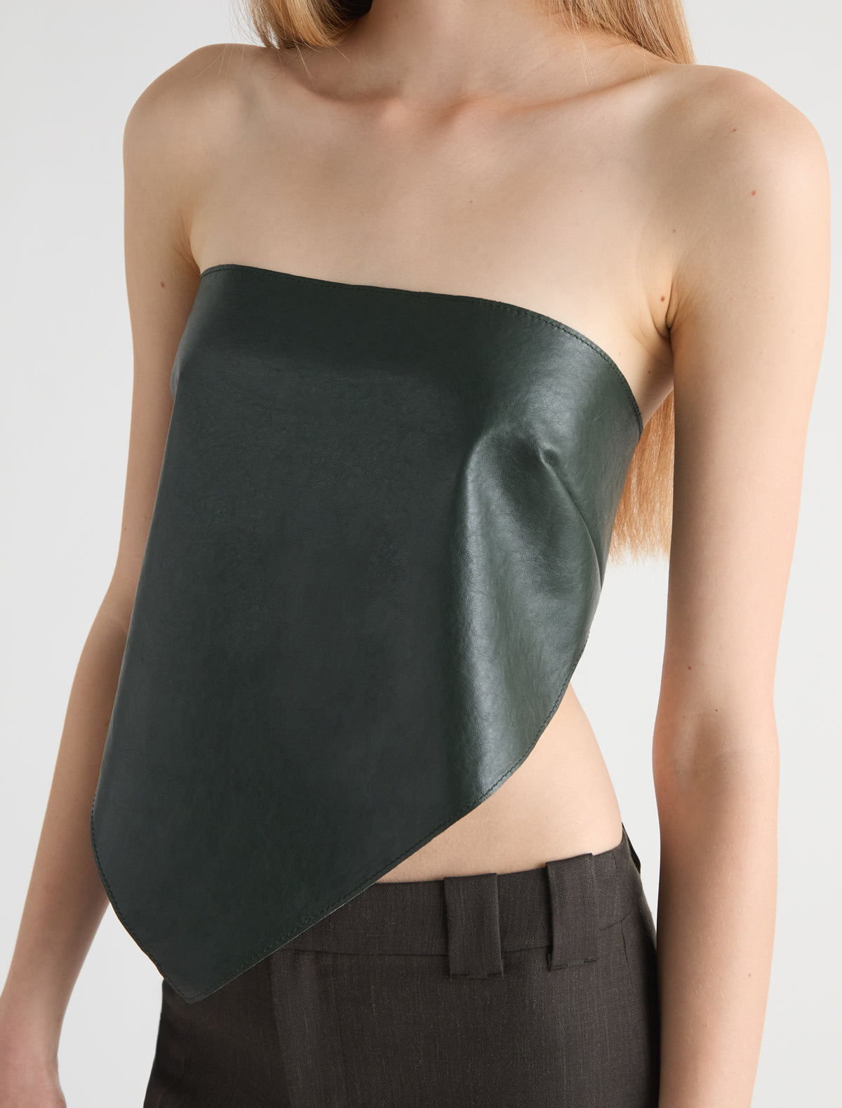 Alba top triangle shaped leather top scarf like silhouette metal buckle closure green