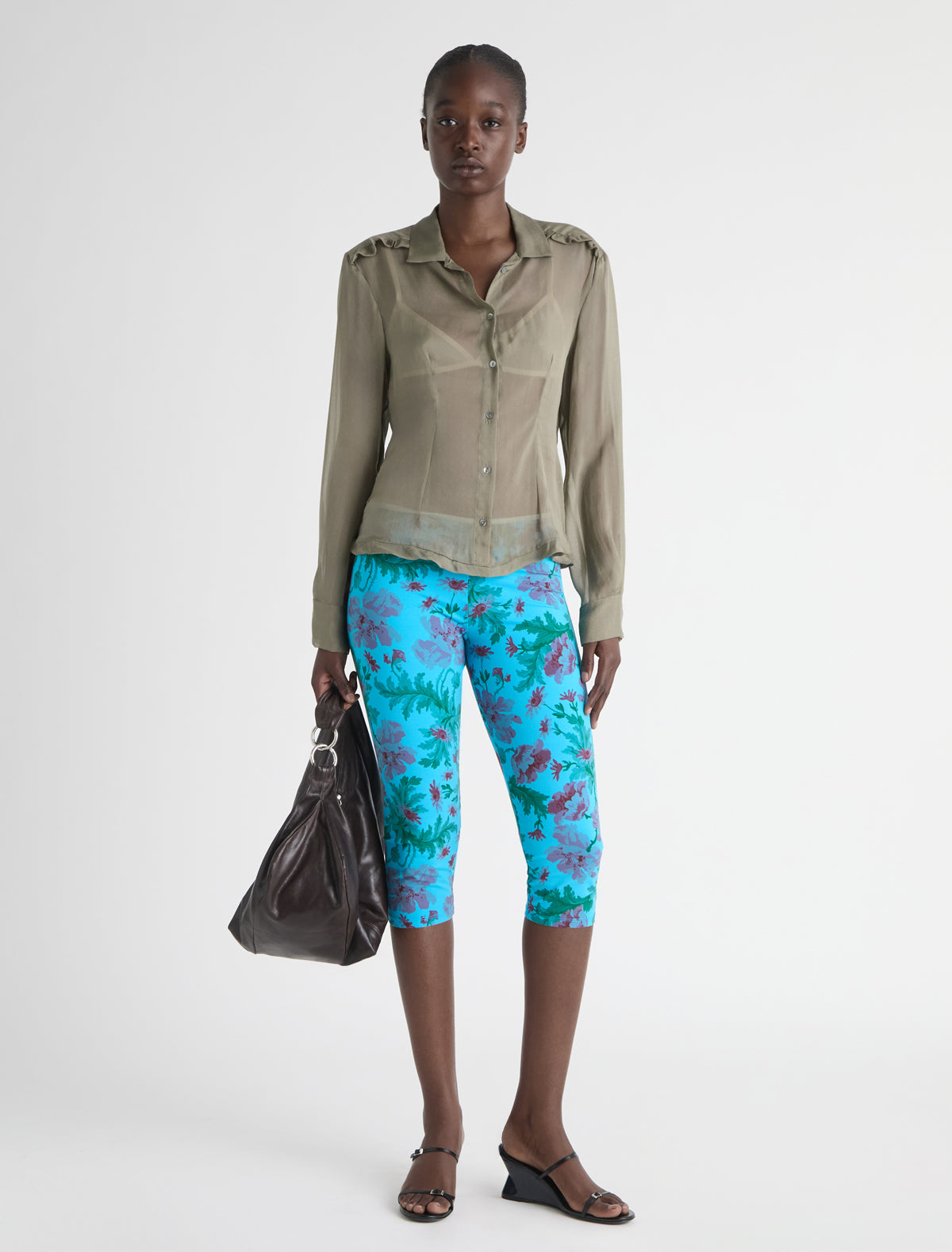 Aneu floral print capri leggings ribbon detail waistband