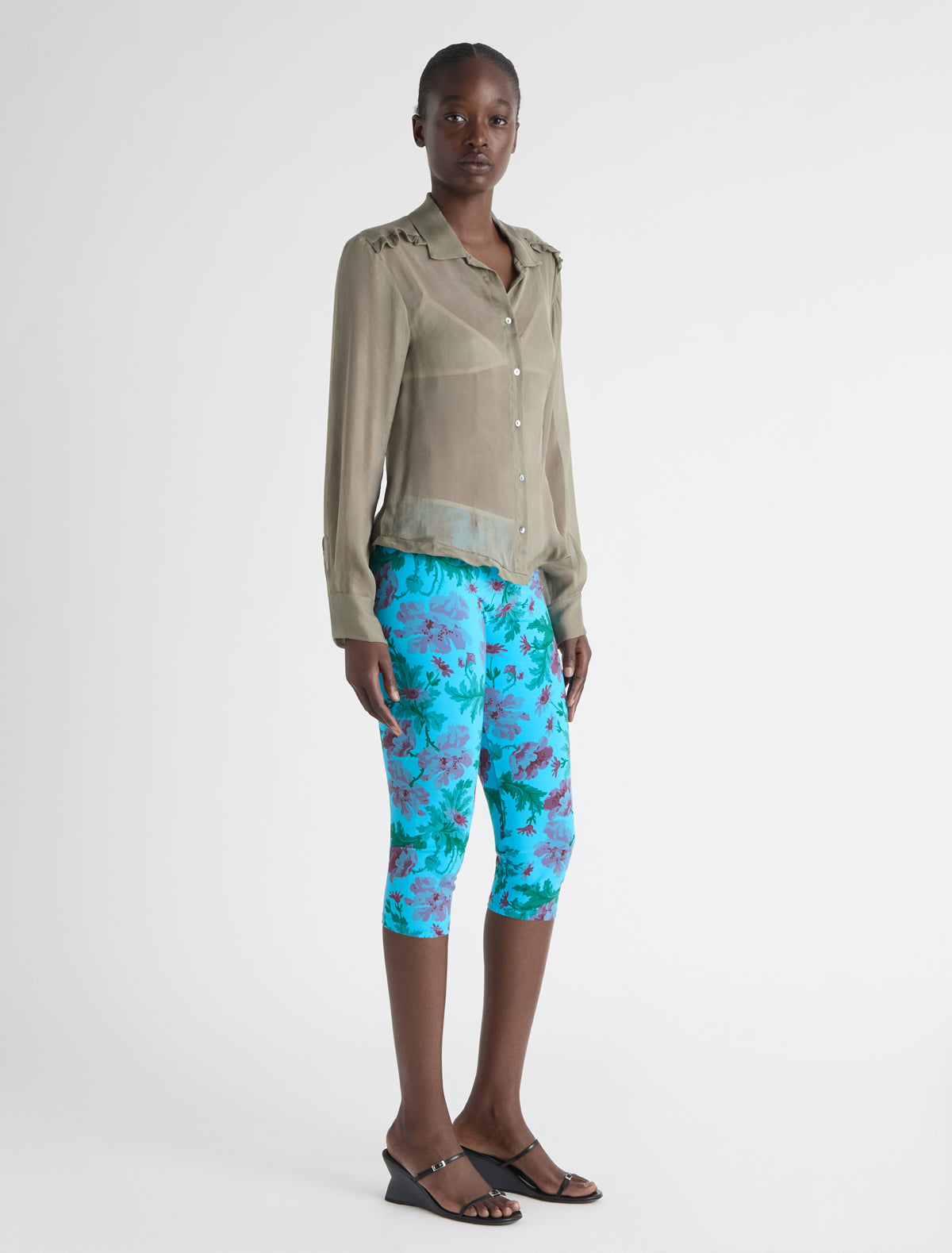 Aneu floral print capri leggings ribbon detail waistband
