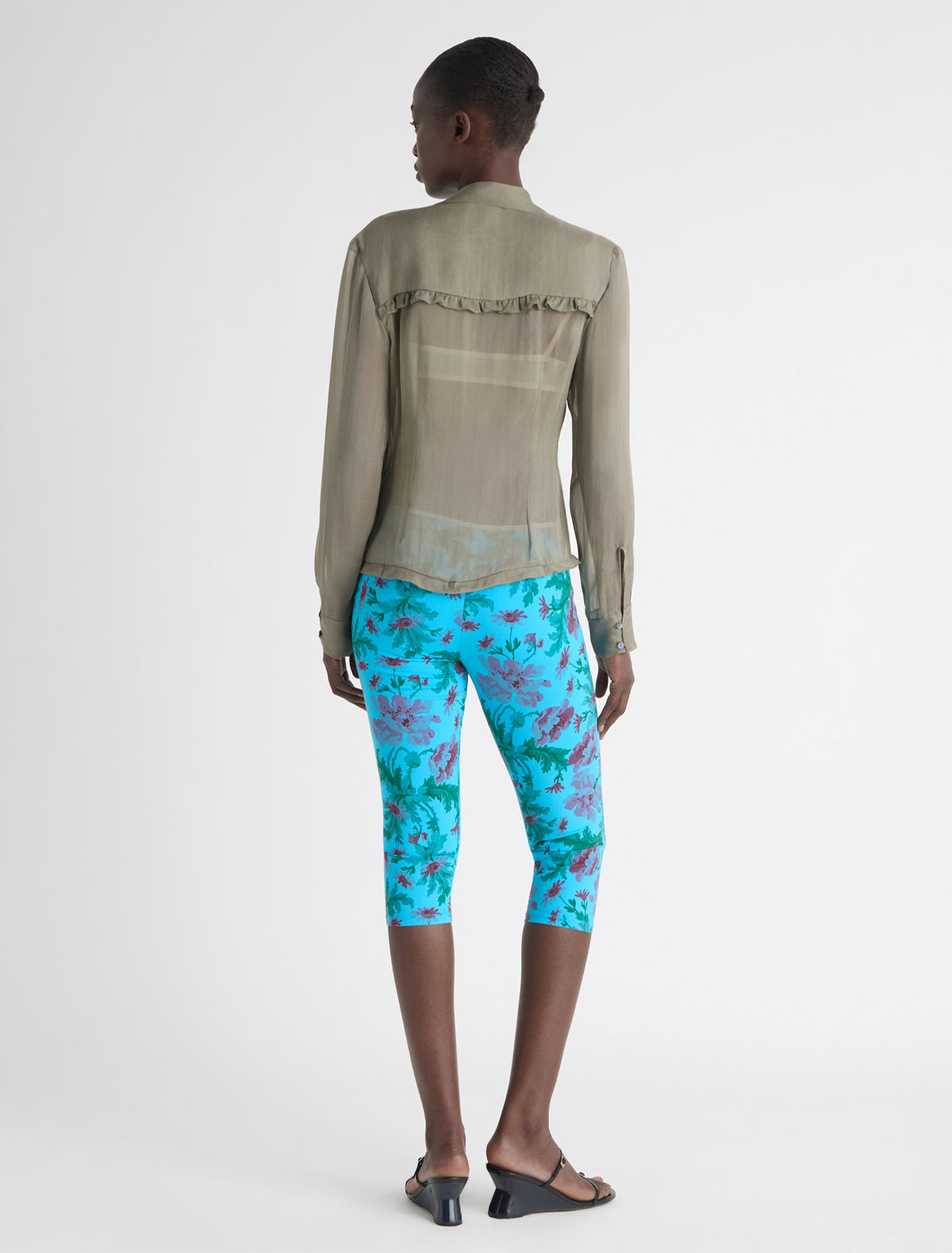 Aneu floral print capri leggings ribbon detail waistband