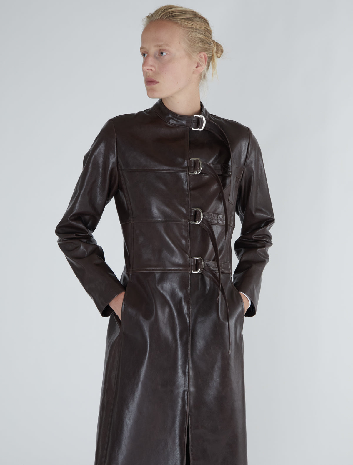 Niquel long leather jacket mao collar strips
