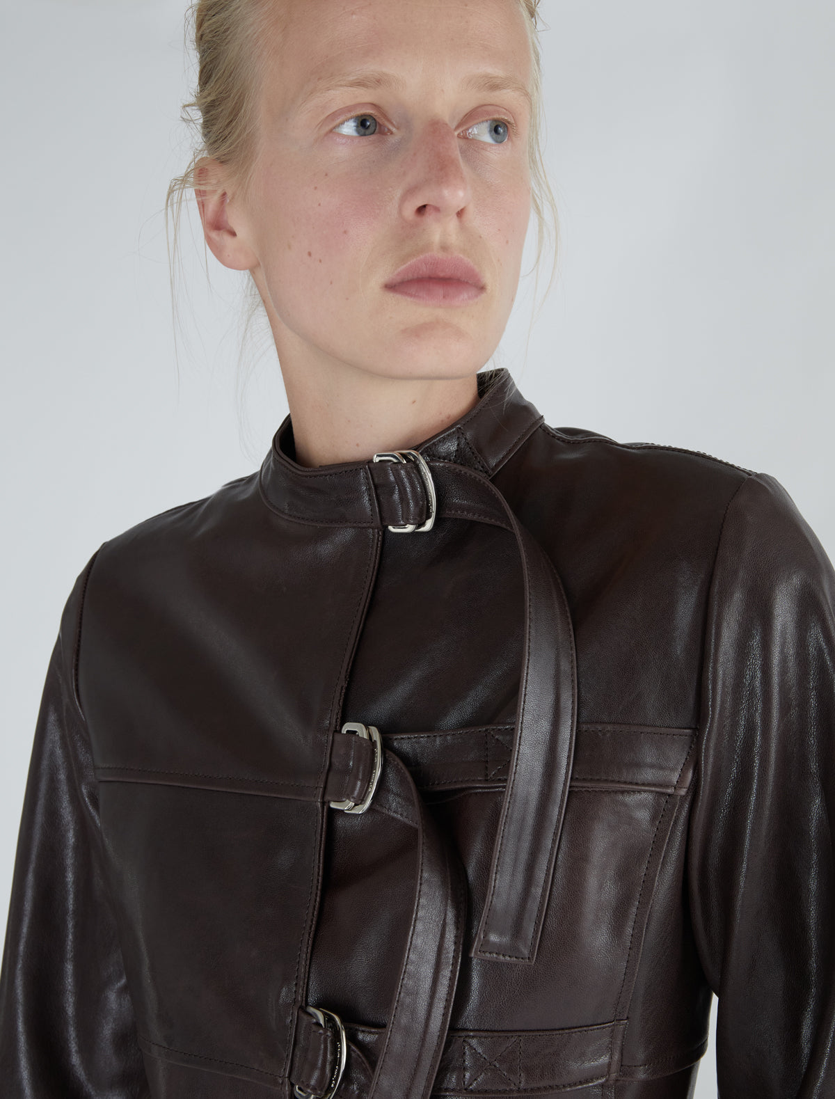 Niquel long leather jacket mao collar strips