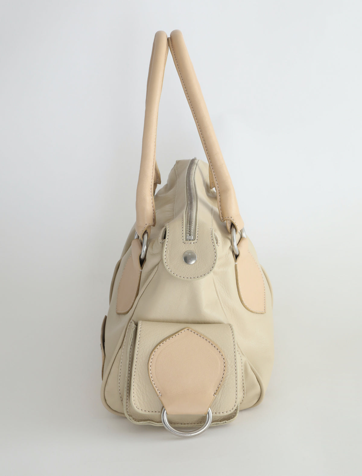 Tilda bowling style leather bag double handles beige
