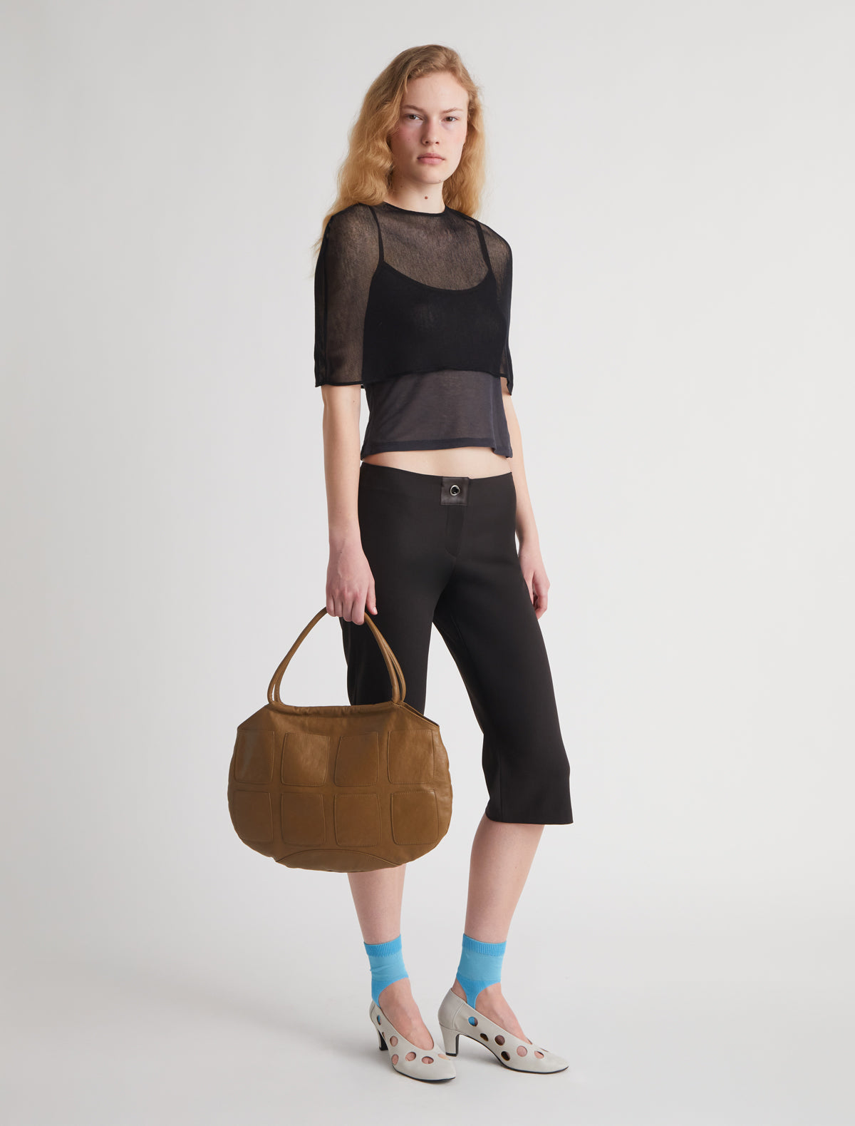 Salin fitted capri trousers side slits leather detailing