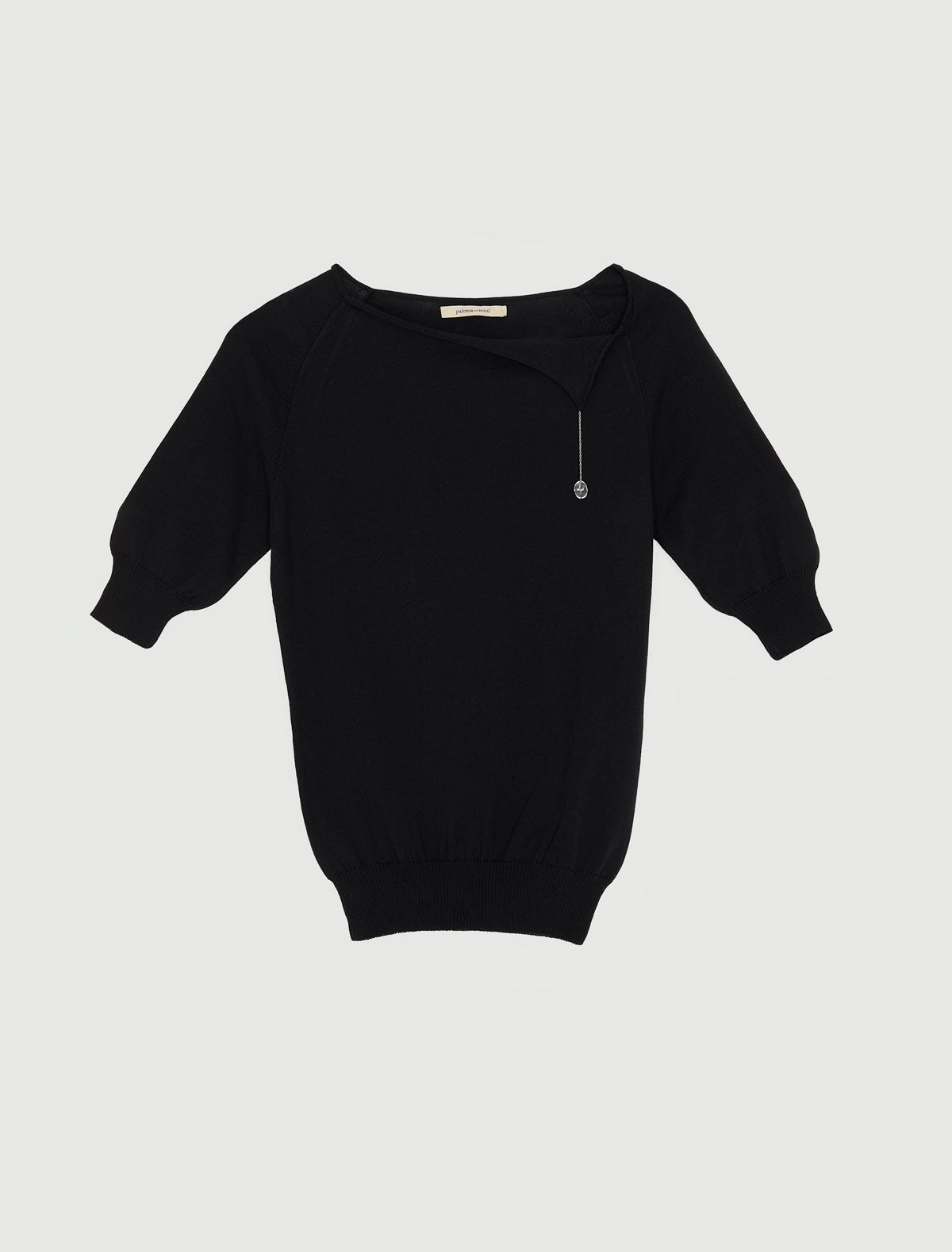 Cain short sleeve knit top handmade glass piece detail hanging chain