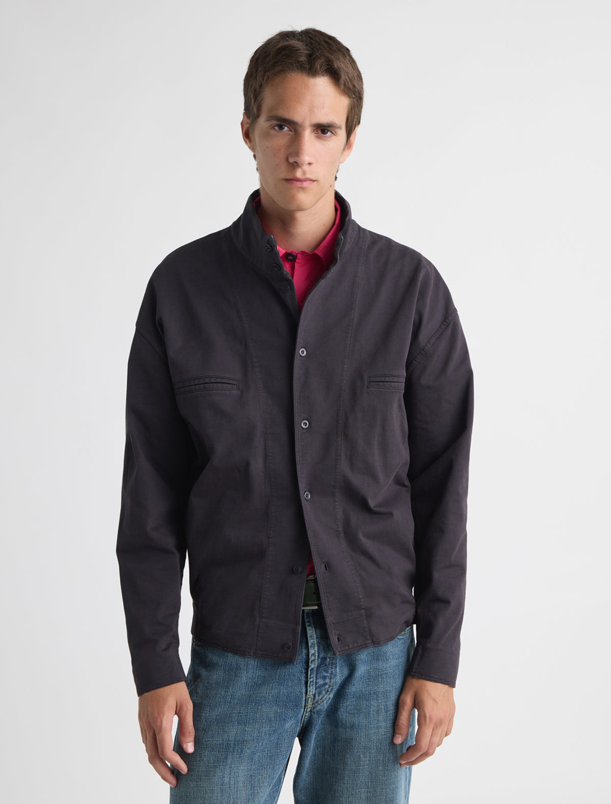 Louis high neck jacket central button fastening washed effect