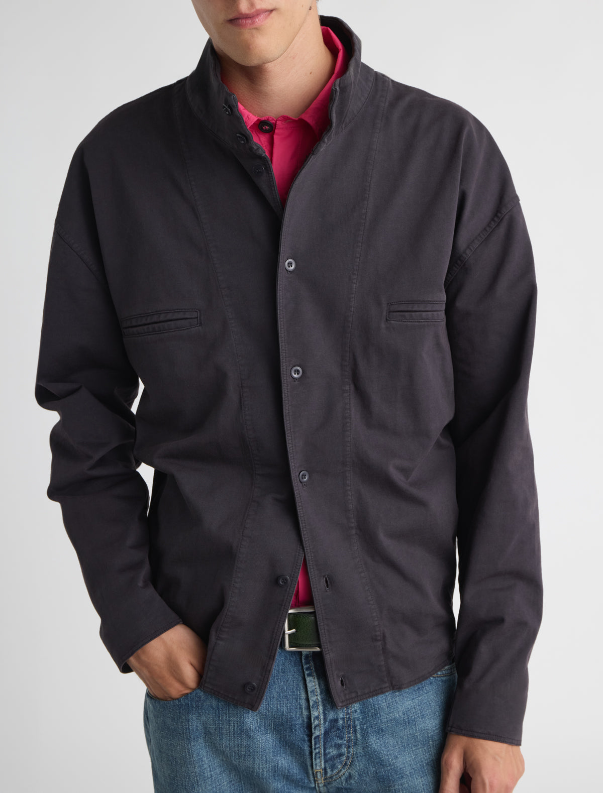 Louis high neck jacket central button fastening washed effect