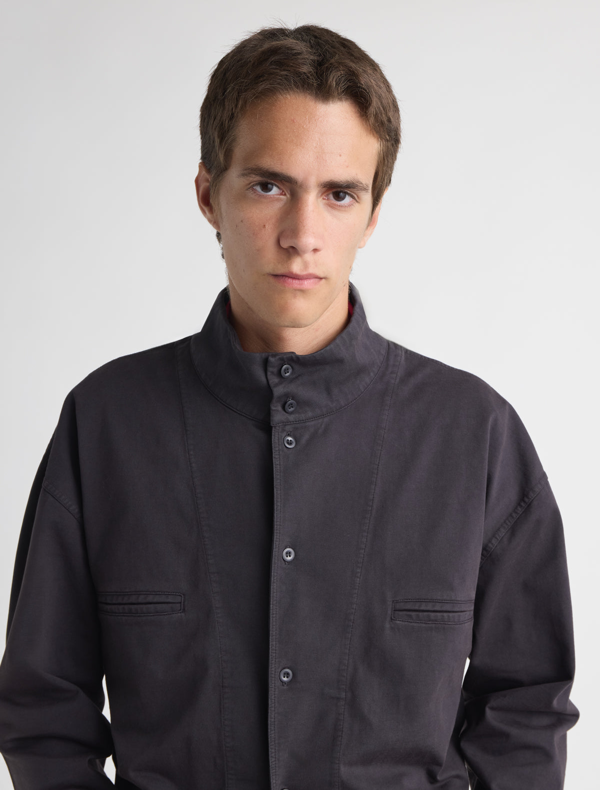 Louis high neck jacket central button fastening washed effect