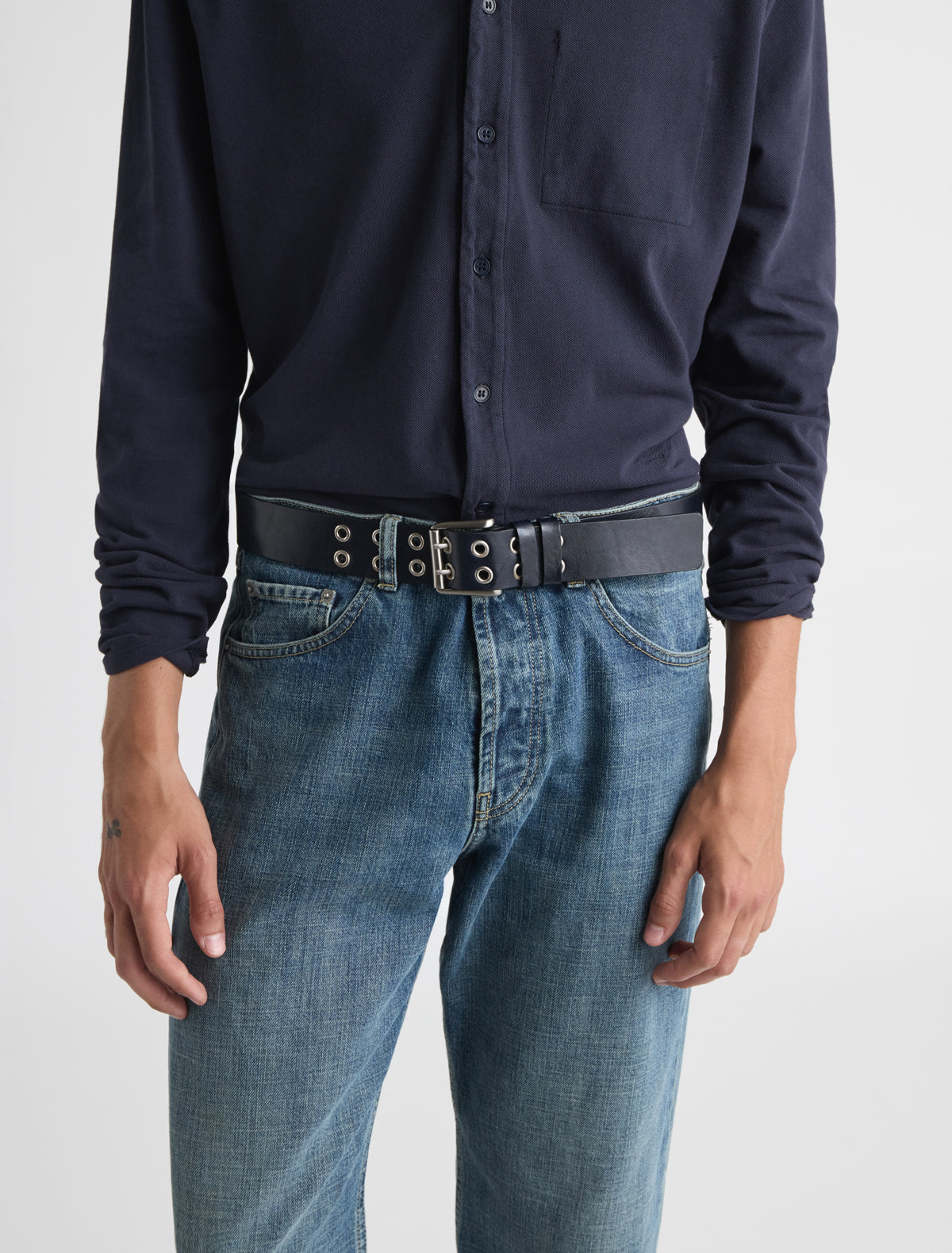 Nolen men s leather belt double prong buckle metal eyelets darknavy