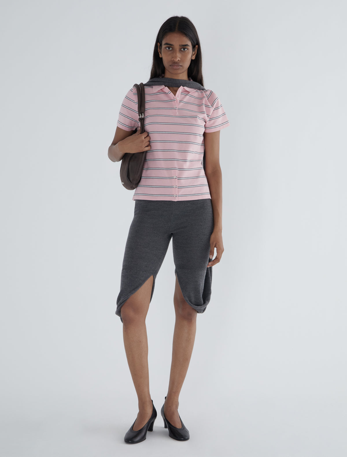 Julieta striped pique polo buttoned placket lower front pink
