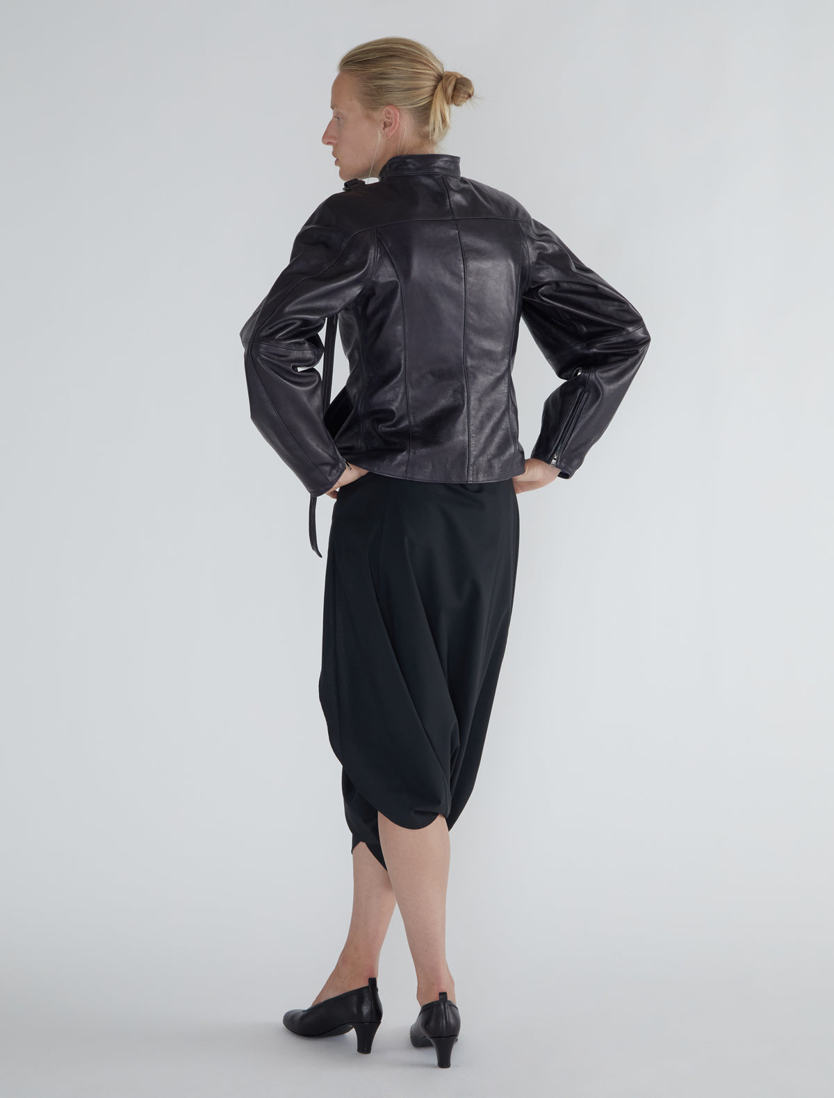 Plomy leather jacket crossover neckline metal buckle grey