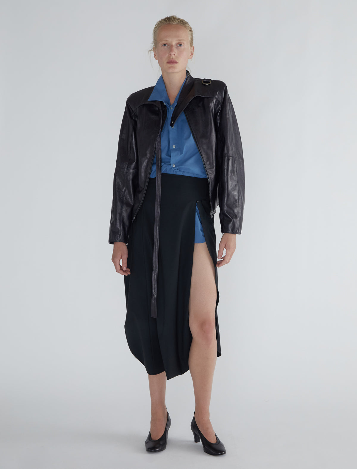 Plomy leather jacket crossover neckline metal buckle grey
