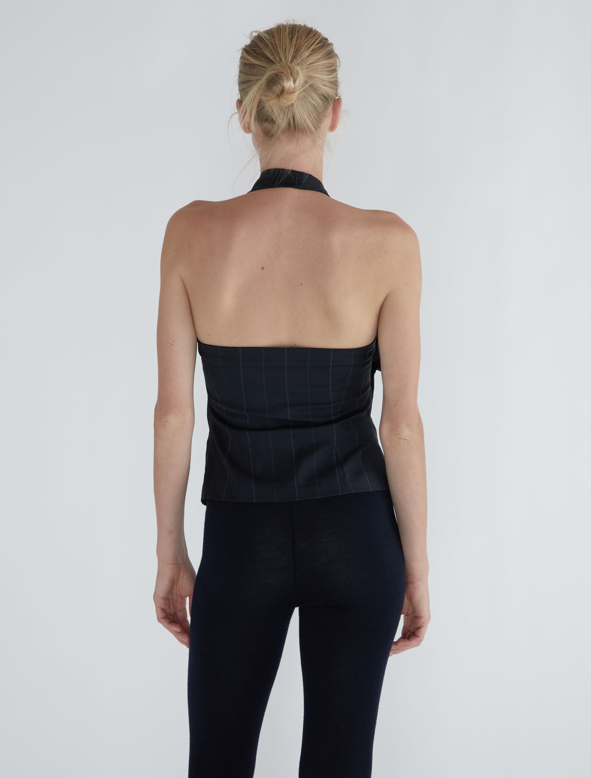 Tiomi halter top draped neckline striped suiting fabric