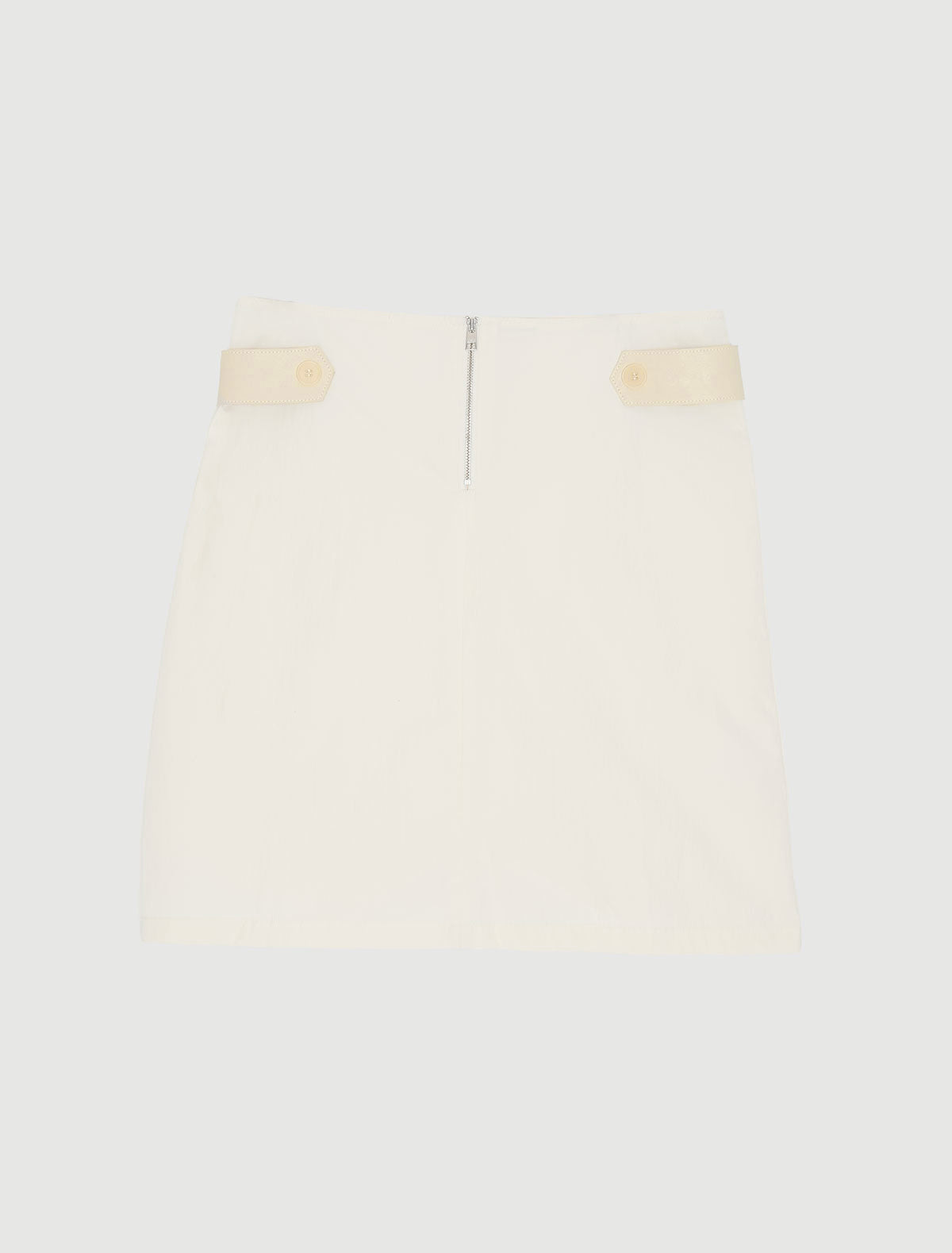Deuna nylon midi skirt leather panels sides front zipper closure white
