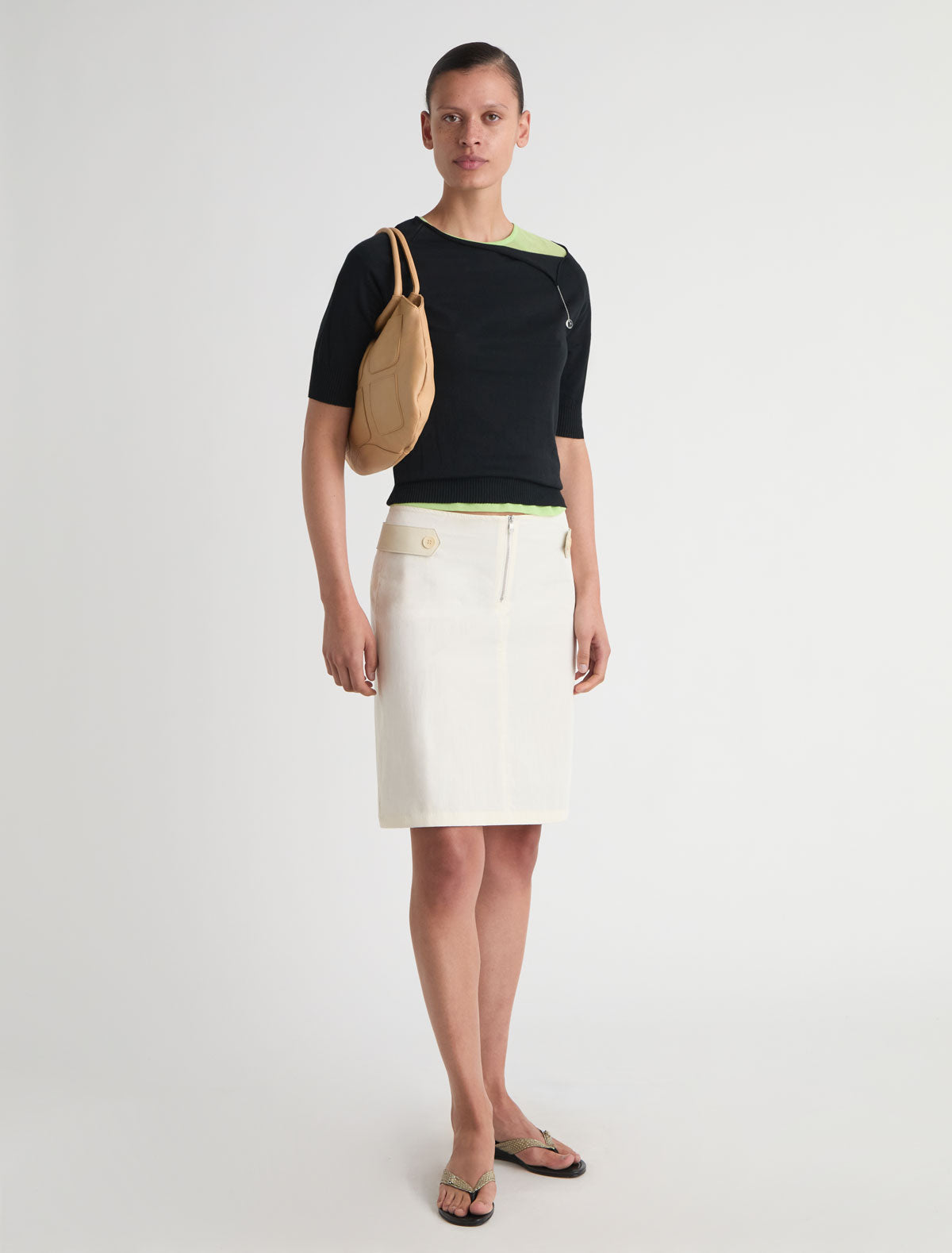 Deuna nylon midi skirt leather panels sides front zipper closure white