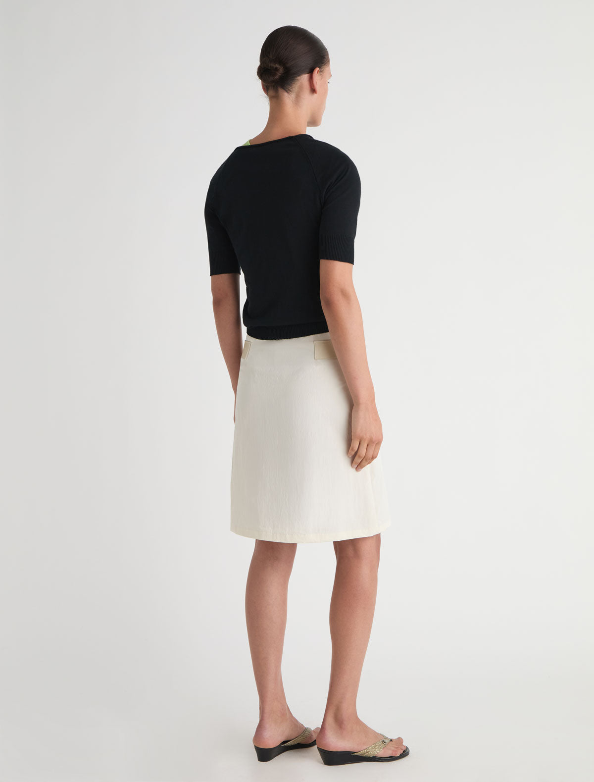 Deuna nylon midi skirt leather panels sides front zipper closure white