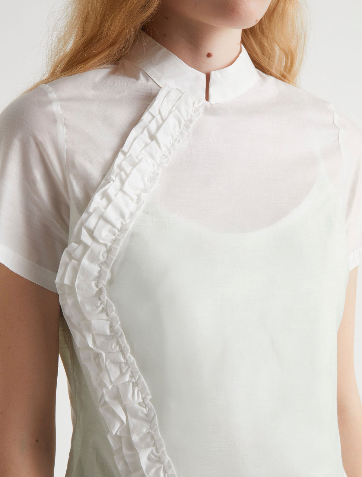 Gaspar short sleeve top mao style collar ruffle detail white