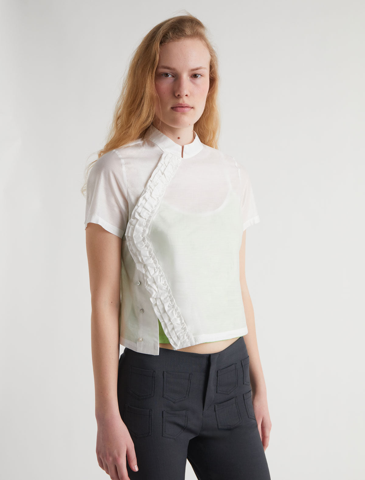 Gaspar short sleeve top mao style collar ruffle detail white