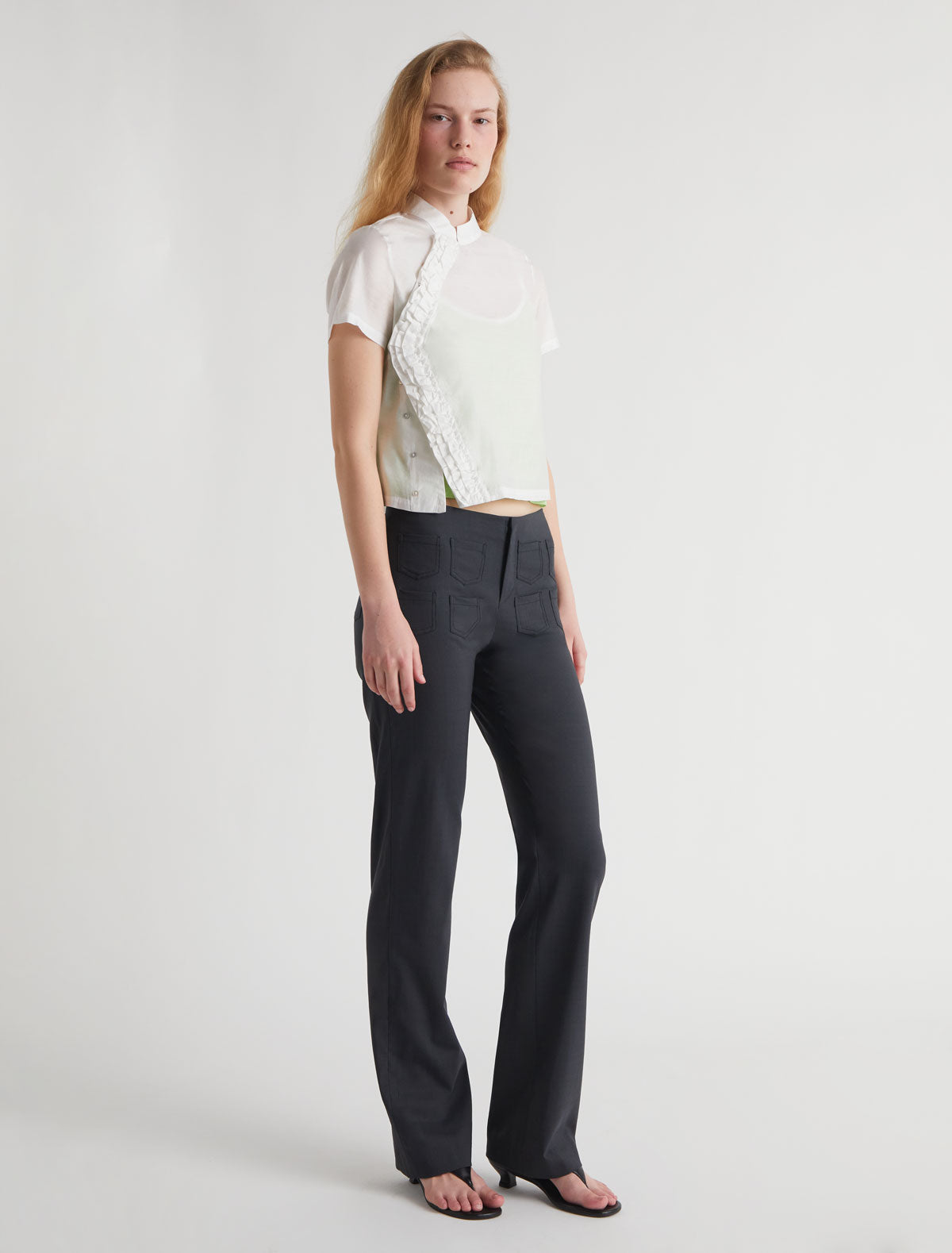 Gaspar short sleeve top mao style collar ruffle detail white