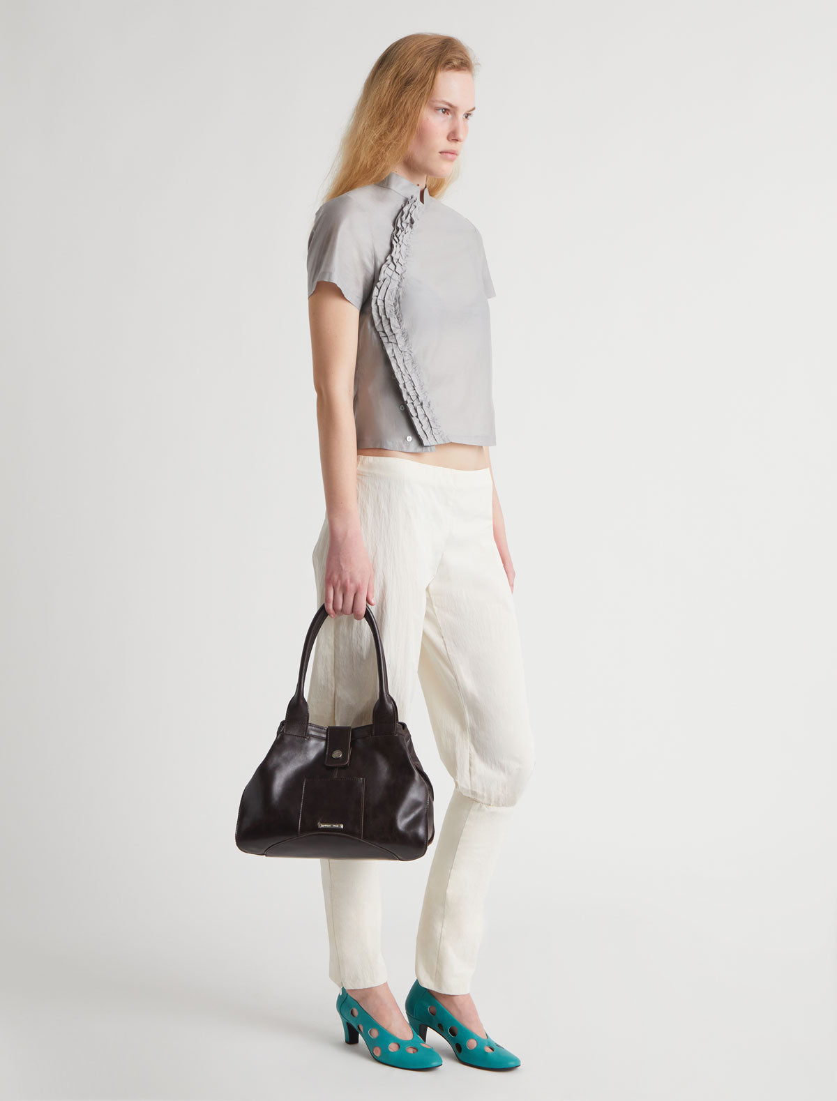 Gaspar short sleeve top mao style collar ruffle detail grey