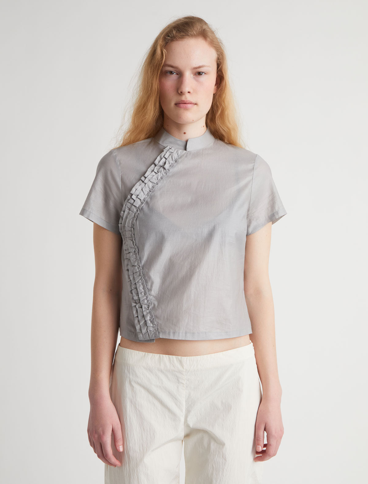 Gaspar short sleeve top mao style collar ruffle detail grey