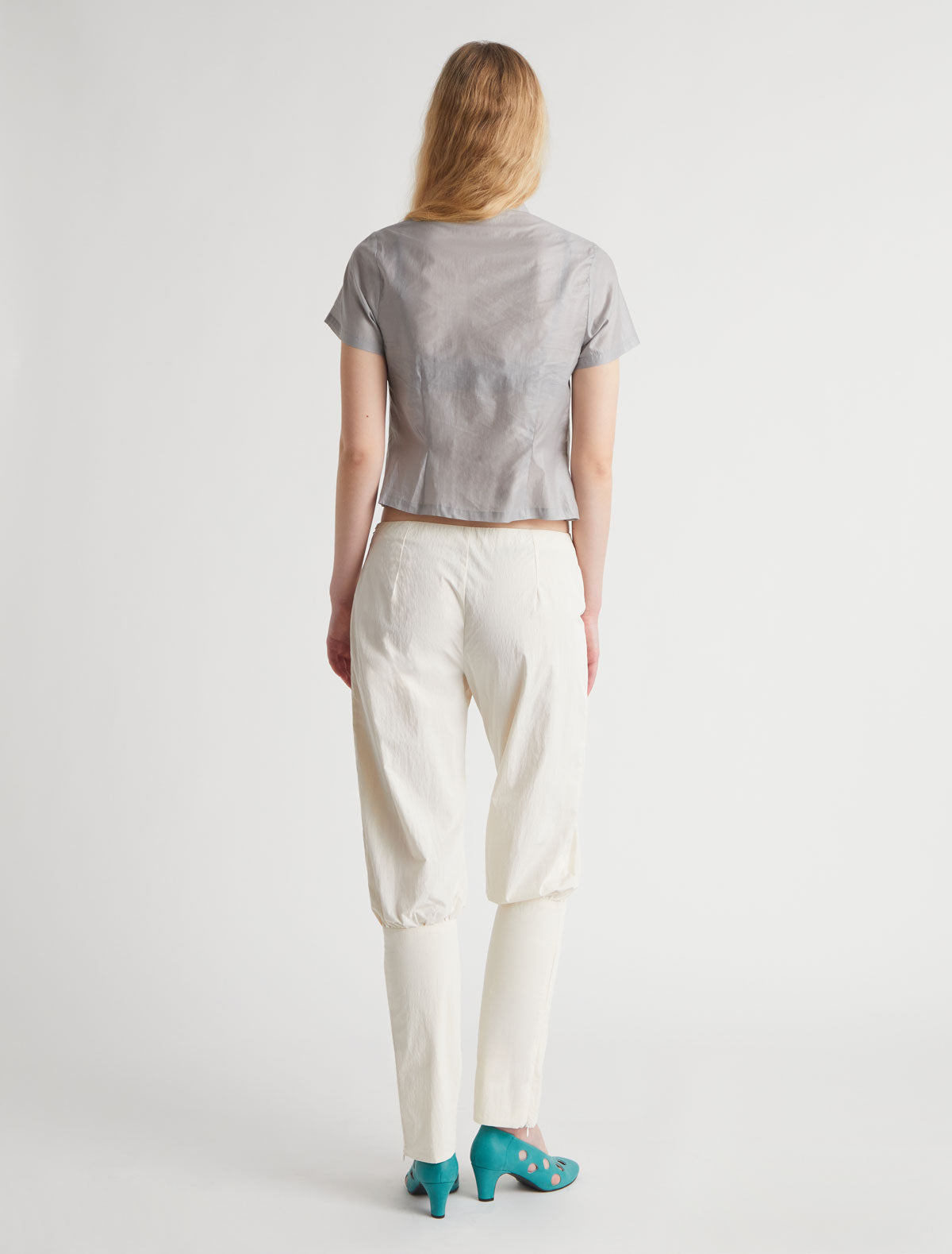 Gaspar short sleeve top mao style collar ruffle detail grey