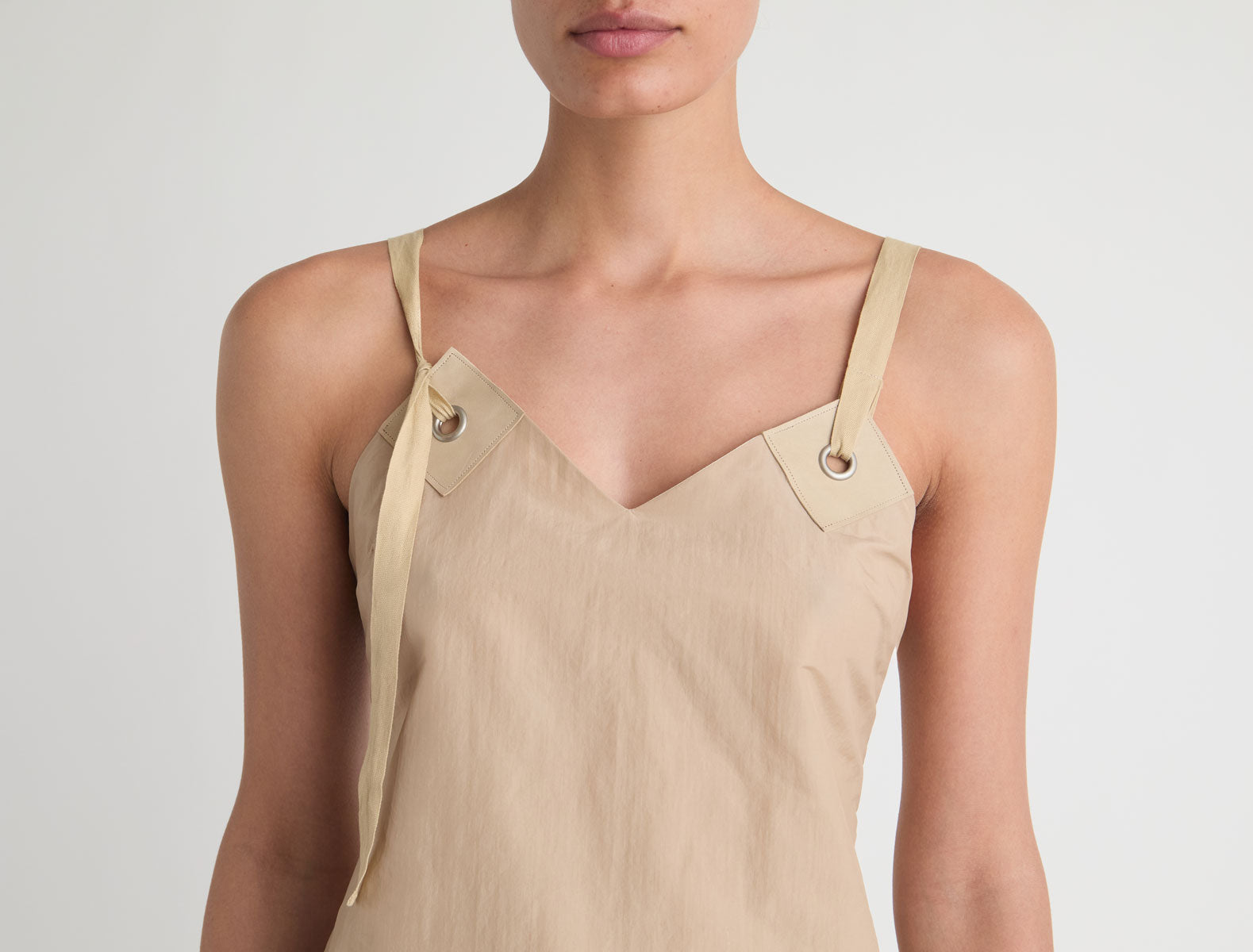 Goded short silk nylon dress leather tab details metal eyelets