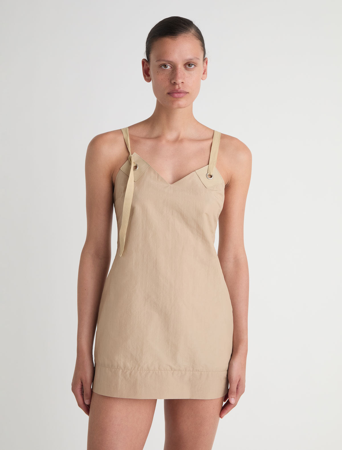 Goded short silk nylon dress leather tab details metal eyelets