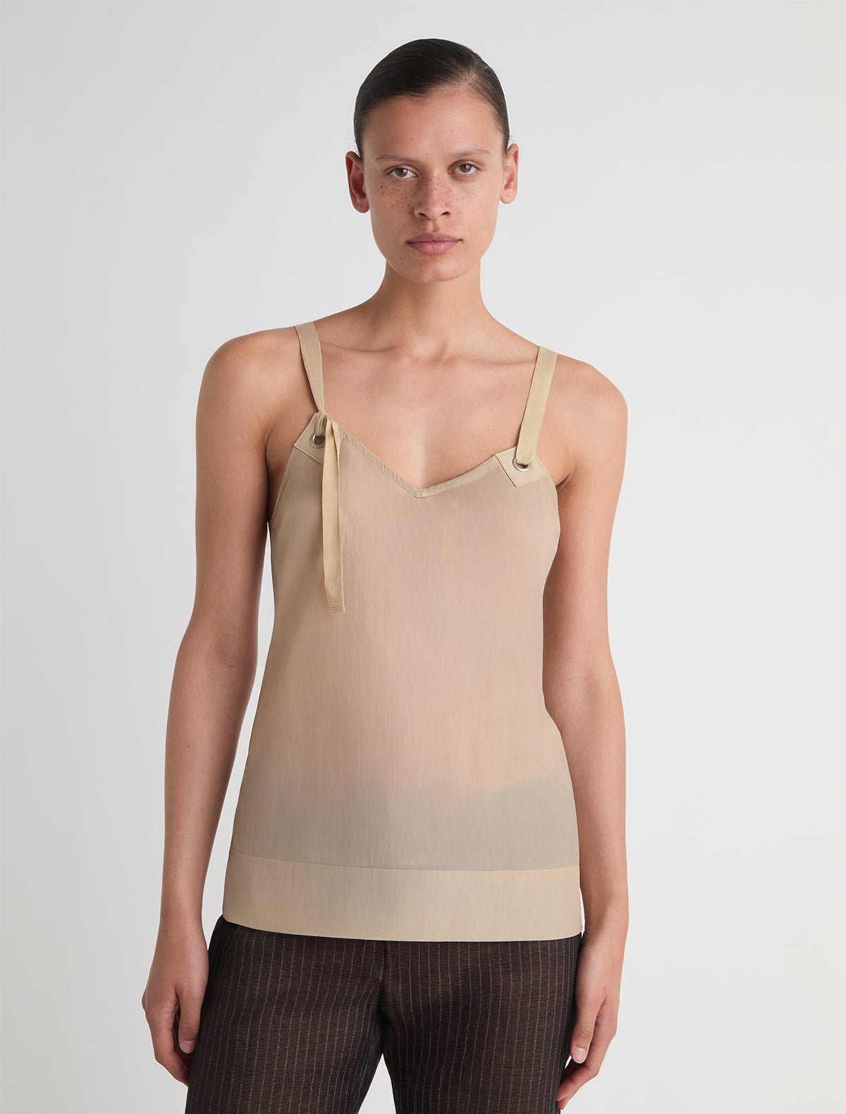 Goded top silk nylon top leather tab details metal eyelets