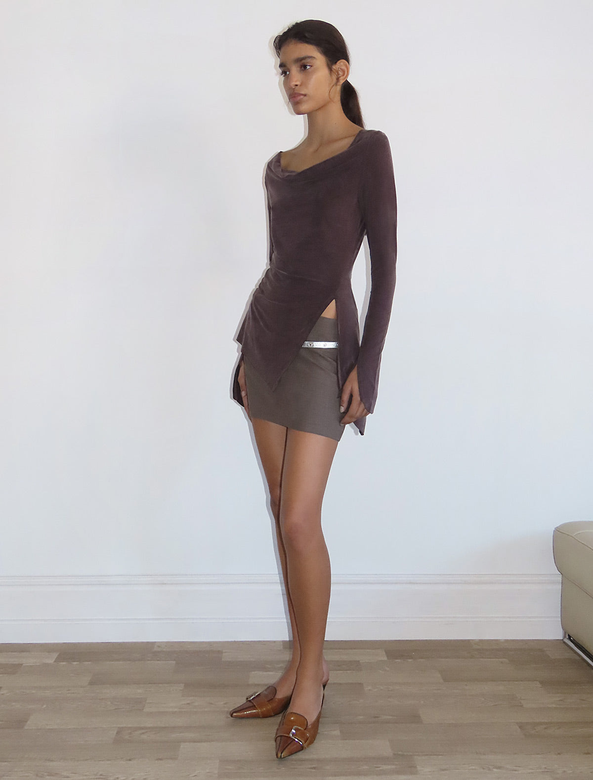 Lotto asymmetric long sleeved cupro top mahogany