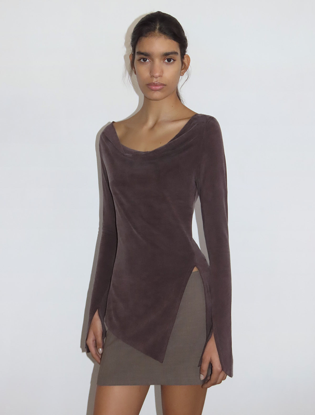 Lotto asymmetric long sleeved cupro top mahogany