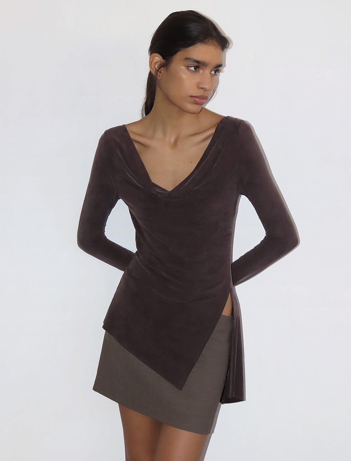 Lotto asymmetric long sleeved cupro top mahogany