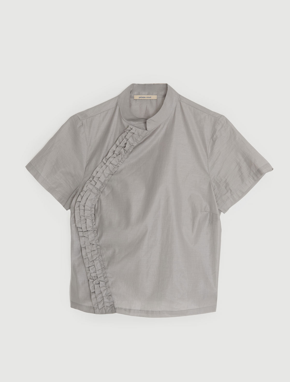 Gaspar short sleeve top mao style collar ruffle detail grey