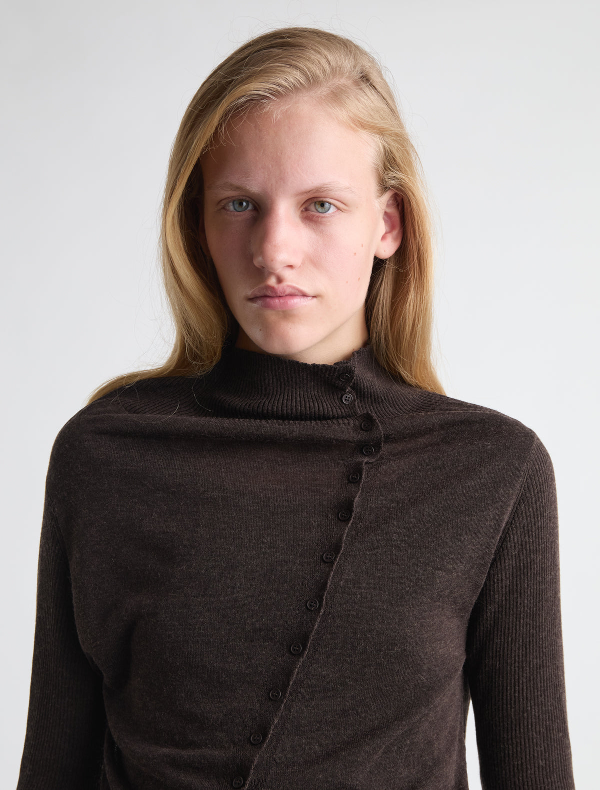 Igna buttoned sweater diagonal closure draped neckline brown