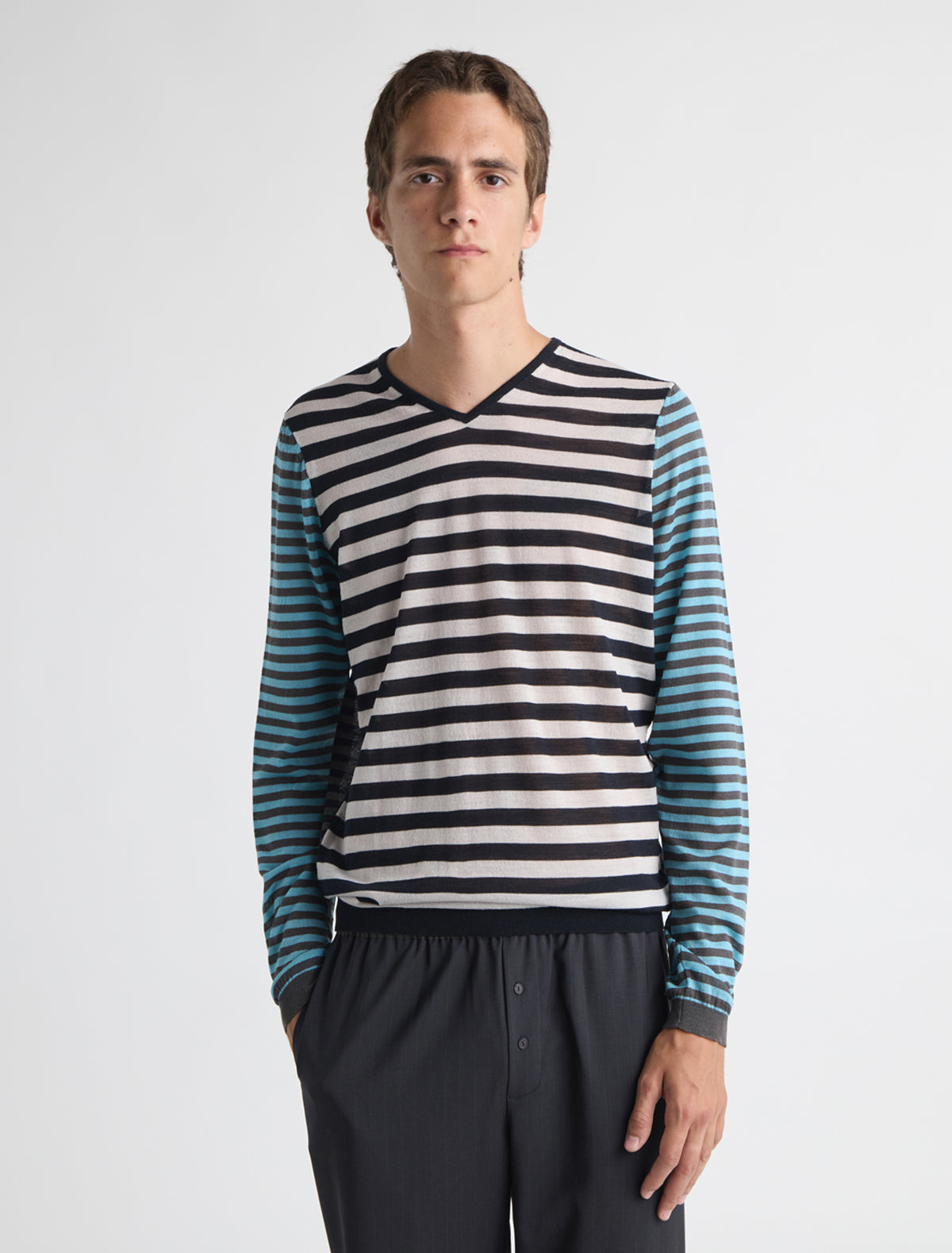 Marc contrast striped v neck knit sweater different colors sleeves front back 2